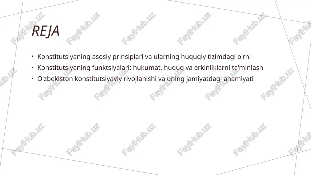 il bo‘lib, jamiyat barqarorligini ta’minlaydi, iqtisodiy va ijtimoiy o‘zgarishlarni boshqaradi. 2 huquqiy barqarorlik konstitutsiya huquqiy tizimni stabil va ishonchli qiladi, qonun ustuvorligini ta’minlaydi, qonun buzilishlarining oldini oladi va fuqarolarning huquqlarini himoya qiladi. 3 jamiyatdagi integratsiya konstitutsiya jamiyatni yagona va muvofiqlashtiruvchi asosiy huquqiy hujjat bo‘lib, milliy birlik va madaniyatni rivojlantirishda muhim rol o‘ynaydi. 4 siyosiy barqarorlik konstitutsiya davlat hokimiyatining muvozanatini saqlab, siyosiy barqarorlikni ta’minlab, ijtimoiy muvofiqlik va rivojlanishni qo‘llab-quvvatlaydi. o'zbekiston konstitutsiyasining asosiy prinsiplari: tarixiy va huquqiy asoslar 1 asosiy tarixiy asoslar o'zbekiston konstitutsiyasining asosiy prinsiplari tarixiy rivojlanish jarayonida davlat mustaqilligi va milliy o'ziga xoslikni yoritadi, milliy davlatchilik uchun poydevor bo'lib xizmat qiladi. 2 huquqiy asoslar konstitutsiya huquqiy tizimning mustahkam asosini tashkil etadi, unda inson huquqlari, erkinliklar va davlat organlarining vakolatlari aniq belgilangan, huquqiy adolatni ta'minlaydi. 3 davlat boshqaruvi asosiy prinsiplarga asoslangan davlat boshqaruvi tamoyillari, masalan, davlat suvereniteti va qonun ustuvorligi, barqaror va adolatli hukumat tuzilishini ta'minlaydi. jamiyatda konstitutsiyaning roli va uning …
