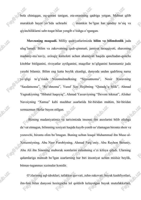 oshirishga doimo shay turish - bularning hammasi o’zbek xalqiga ajdodlaridan o’tib kelayotgan buyuk an’ana, ajoyib meros bo’lib, uning qon-qoniga chuqur singib ketgan. mavzuning vazifasi. yoshlar ma’naviyatini turli illatlardan saqlab qolishning eng muhim omili bu tarbiya, tarbiya esa, avvalo, oiladan boshlanadi. zero, oila jamiyatning bosh bo’g’ini, tarbiyaning asosiy tayanchidir. odamlarni, xususan yoshlarni har qanday ta’sirlardan, buzg’unchiliklardan asrashning yagona yo’li avvalo, oilada ma’naviy-ma’rifiy tarbiyani davom ettirish, jaholatga qarshi faqat ma’rifat bilan qarshi turmoq lozim. «tarbiya, - deyiladi muqaddas «avesto»da, - hayotning eng muhim tayanchi bo’lib hisoblanishi lozim». bugungi tahlikali davrda agar ota–onaning o’zi tarbiyalangan, milliy–ma’naviy qadriyatlardan xabardor va unga qat’iy amal qiladigan bo’lsagina, ular tarbiyalayotgan farzandda milliy xususiyatlarni ko’rish mumkin. onaning o’zi «zamonaviy»man deb yarimyalang’och kiyinsa, behayo so’zlarni odat qilgan bo’lsa, spirtli ichimliklarni iste’mol qilib tursa, yengiltaklik ko’chasida yurgan bo’lsa yoki bunday qusurlarga ota ruju qo’ygan bo’lsa, ular tarbiyalayotgan farzandda qanday qilib ma’naviy kemtiklik bo’lmaydi, deya olamiz. «farzandlar tarbiyasidagi fazilatlar va nuqsonlar …