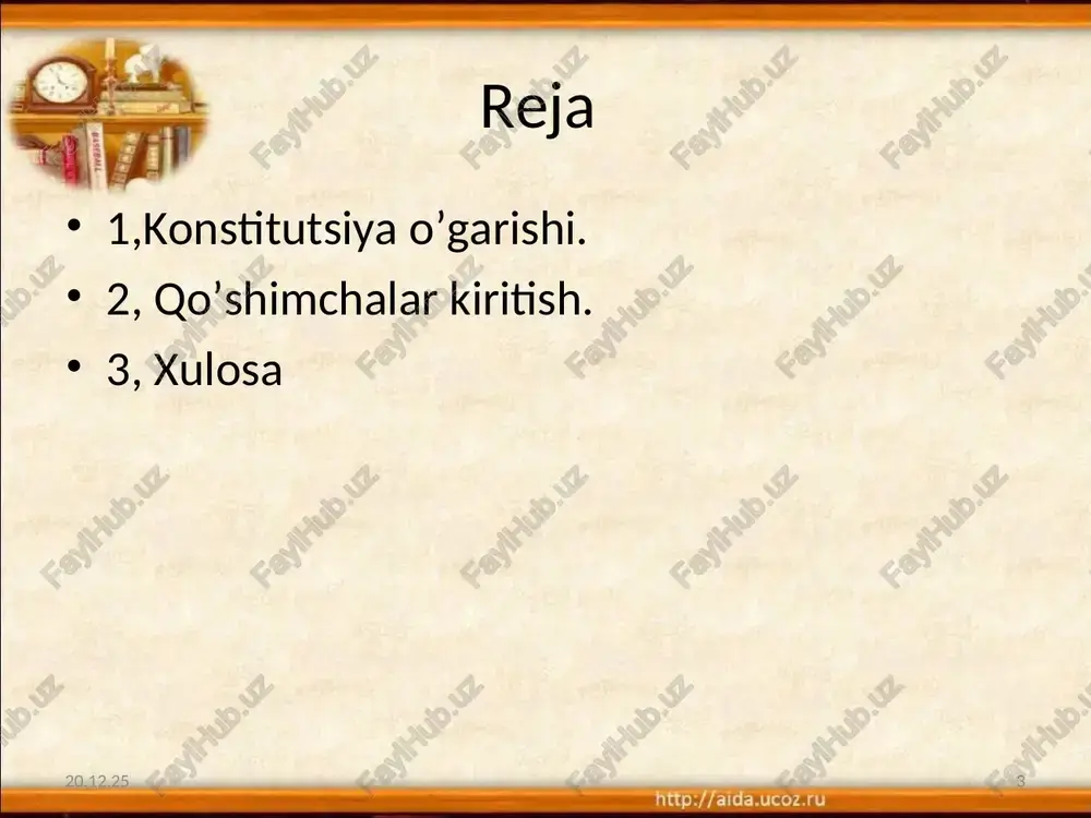 spublikasi oliy majlisining senati tomonidan besh yillik muddatga saylanadi. ayni bir shaxs surunkasiga ikki muddatdan ortiq o‘zbekiston respublikasi sudyalar oliy kengashining raisi, rais o‘rinbosari etib saylanishi mumkin emas. o‘zbekiston respublikasi sudyalar oliy kengashini tashkil etish va uning faoliyati tartibi qonun bilan belgilanadi. xulosa o’zbekiston respublikasi konstitutsiyasini o’zgartirish o’zbekiston respublikasi oliy majlisi jami deputatlarning kamida uchdan ikki qismidan iborat ko’pchiligi tomondan qabul qilingan qonun bilan amalga oshirilgan. hindistonning 1949 yil 26 noyabrda ta’sis majlisi tomonidan qabul qilinib , 1950 yil 26 noyabrdaa kuchga kirgan konstitutsiyasi 42 marotoba , uchdan ikki qismi o’zgartirilgan. 2014 yil 10 aprel kuni o’zbekiston respublikasi oliy majlis senatining o’n to’rtinchi yalpi majlisida o’zbekiston respublikasi konstitutsiyasining 32, 78, 93, 98, 103, 117 moddalariga o’zgartirish kiritildi. foydalanilgan adabiyotlar 1. o’zbekiston resblikasi konstitutsiyasi. 2. x. odilqoriyev, r. qayumov va boshqalar “o’zbekiston resblikasi konstitutsiyasini o’rganish” kursi o’quv qo’llanmasi: (o’rta maxsus, kasb-hunar ta’limi muassasalari uchun). – t.; sharq, 2009. x. odilqoriyev, r. …