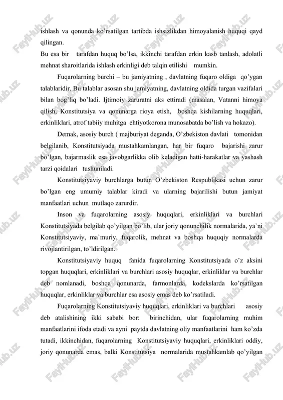 tsiyaviy huquq fanida fuqarolarning konstitutsiyada o’z aksini topgan huquqlari, erkinliklari va burchlari asosiy huquqlar, erkinliklar va burchlar deb nomlanadi, boshqa qonunarda, farmonlarda, kodekslarda ko’rsatilgan huquqlar, erkinliklar va burchlar esa asosiy emas deb ko’rsatiladi. fuqarolarning konstitutsiyaviy huquqlari, erkinliklari va burchlari asosiy deb atalishining ikki sababi bor: birinchidan, ular fuqarolarning muhim manfaatlarini ifoda etadi va ayni paytda davlatning oliy manfaatlarini ham ko’zda tutadi, ikkinchidan, fuqarolarning konstitutsiyaviy huquqlari, erkinliklari oddiy, joriy qonunarda emas, balki konstitutsiya normalarida mustahkamlab qo’yilgan bo’ladi va fuqarolarning boshqa huquqlari shu asosiy huquqlar asosida yaratiladi va ularga mos bo’lishi kerak. konstitutsiyaviy huquq fani fuqarolarning barcha huquqlari, erkinliklari va burchlarini emas, balki faqat konstitutsiyada ko’rsatilgan asosiy huquqlari, erkinliklari va burchlarini o’rganadi. biror-bir huquq tarmog’i normalari fuqarolarning asosiy qonunda ko’rsatilgan huquqlari, erkinliklari va burchlariga qarshi yoki ularni o’zgartirishga qaratilgan bo’lishi mumkin emas. fuqarolarning o’zbekiston respublikasi konstitutsiyasida mustahkamlangan asosiy huquqlari, erkinliklari va burchlari ma`lum xususiyatlarga ega. ular quyidagilardan iborat: 1. inson va fuqarolarning …