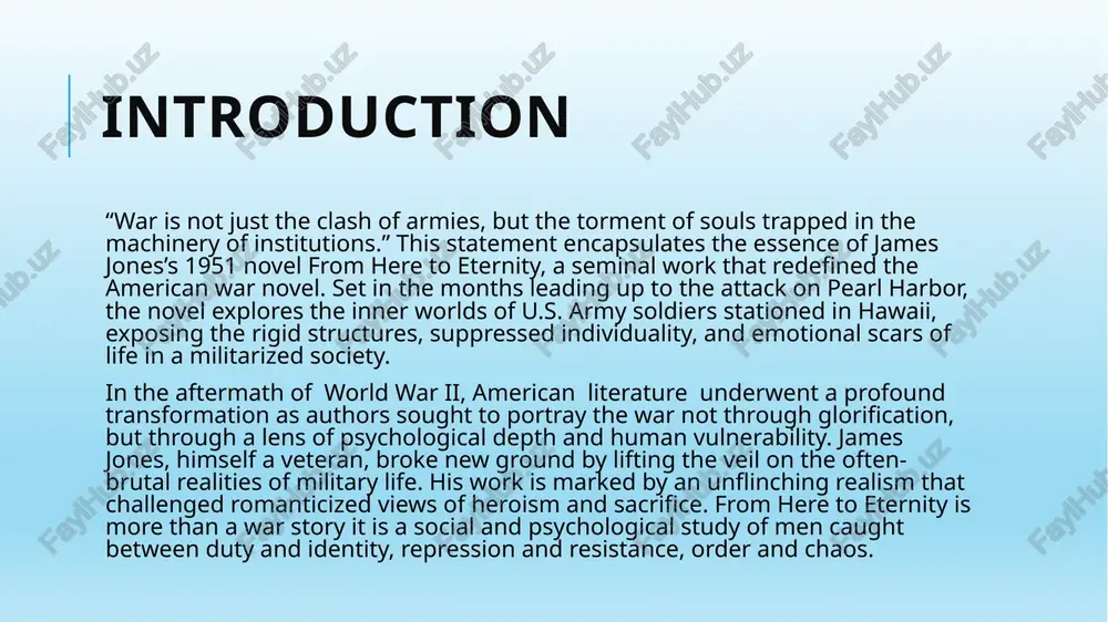 d dialogue, which freed the american novel from the intrusive asterisk and captured a language style that, despite its lack of elegance, is undeniably authentic. jones felt it was "perfectly legitimate" to use four-letter words to describe people "who did, or would, use four-letter words," as he saw it as "a process of educating us to what we really are rather than what we would like to say we are." 2.2 masculinity, trauma and the quest for identity his writing often addressed the economic and political realities of african americans, particularly those living in poverty. hughes’s social activism was rooted in his belief that art should be engaged with the world, reflecting the struggles and triumphs of real people. hughes was an outspoken critic of both racism and the oppressive systems that sustained it. he was particularly concerned with the treatment of african americans during the great depression, when black …