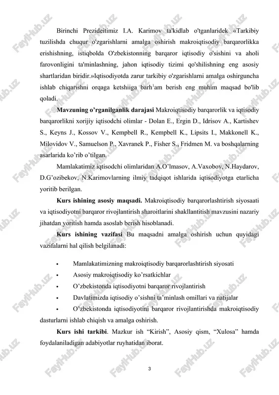 ing makroiqtisodiy barqarorlashtirish siyosati · asosiy makroiqtisodiy ko’rsatkichlar · o’zbekistonda iqtisodiyotni barqaror rivojlantirish · davlatimizda iqtisodiy o’sishni ta’minlash omillari va natijalar · o’zbekistonda iqtisodiyotini barqaror rivojlantirishda makroiqtisodiy dasturlarni ishlab chiqish va amalga oshirish. kurs ishi tarkibi. mazkur ish “kirish”, asosiy qism, “xulosa” hamda foydalaniladigan adabiyotlar ruyhatidan iborat. asosiy qism. 1. makroiqtisodiy barqarorlashtirish siyosati haqida. makroiqtisodiy barqarorlik – iqtisodiyotning barqaror o‘sishi hamda aholi faravonligi oshishining kafolatidir. mamlakatda inflyasiya darajasini pasaytirish markaziy banklarning bosh maqsadiga aylangan. inflyasiyaning yuqori darajada namoyon bo‘lishi iqtisodiy o‘sishning sekinlashiga va aholi daromadlarining real qiymatining tushib ketishiga olib keladi. o‘zbekiston respublikasining mustaqillikdan keyingi davrida yuqori inflyasiya darajasi kuzatilganligi va faqatgina 2003-2016 yillarda inflyasiya bitta raqam bilan ifodalanishiga erishgan. ammo 2017 yildan mamlakatimizda inflyasiya darajasining oshishi kuzatilgan. bunga yillar davomida yig‘ilib qolgan muammolarni, hususan keng qamrovli davlat dasturlarining bajarilishi, naqd pul masalasining xal etilishi, milliy valyutamizning erkin konvertirlanishi ta’minlanishi va boshqa shu kabi dolzarb masalalarni sabab sifatida keltirishimiz mumkin.ikkinchi …