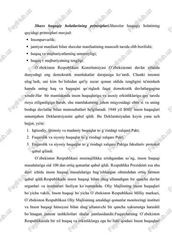 inliklarga ega bo`lishi qoidasi inson huquqlari umumjahon deklaratsiyasi moddalariga to`la-to`kis mos keladi. masalan, inson huquqlari umumjahon deklaratsiyasining 1-moddasida quyidagi so`zlar bitilgan:«barcha odamlar erkin, qadr-qimmat va huquqlarda teng bo`lib tuqiladilar. ular aql va vijdon sohibidirlar va bir-birlariga birodarlarcha muomala qilishlari zarur». darhaqiqat, mamlakatda barcha fuqarolar bir-birlari bilan do`stona munosabatda bo`lishlari va tinch-totuv yashashlarining zaminida inson huquqlari, birinchi navbatda, konstitutsion huquqda himoya qilinishi zarur. ushbu qoidaning naqadar to`g`ri va hayotan zarurligi ayrim davlatlarda hozirgi kunlarda ham inson huquqlari, erkinlik-larini mensimaslik va oyoq osti qilish oqibatida begunoq kishilarning qoni to`kilayotganligi hamda butun bir mamlakat va xalqlarning milliy ozodlik harakatlari vaxshiylarcha bostirilayotgani to`g`risidagi faktlarni olganda yana ham ayon bo`ladi.yaqin o`tmishda, sobiq ittifoq sharoitida qonunlarda insonlarni, millatlarni, xalqlarni tengliklari qayd qilingan bo`lsada, amalda ular o`zlarining sinfiy, partiyaviy qabul belgilariga harab farqlanar edilar. xalqlar, millatlar o`rtasida ishonchsizlik, tengsizlik kelib chiqdi. markazlashgan davlatning parchalanib ketishiga sabab bo`ldi. shu nuqtai nazardan o`zbekiston respublikasi konstitutsiyasida aniq va ravshan qilib …