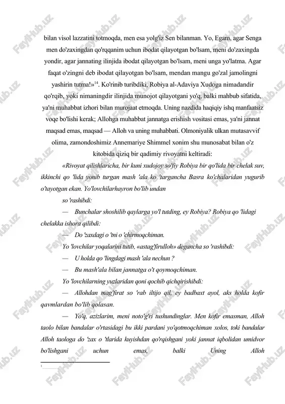 hdan qo'rqishgani yoki jannat iqbolidan umidvor bo'lishgani uchun emas, balki uning alloh ekanligi, biru borligi va boqiy go 'zalligi uchun ibodat qiiishsin»15. demak, shariat islomning mohiyatini anglatadigan dastlabki, tashqi-huquqiy bosqich bo'lsa, tariqat uning ichki-axloqiy, yuksak bosqichdagi ko'rinishi hisoblanadi. buni alloma husayn voiz koshifiy mana bunday tushuntiradi: «shariat - ravshan bilgan narsalardir, nishonadir, hurmatdir. tariqat - qidiriladigan narsalardir, intilish, bayondir, xizmatdir. haqiqat - ko'rish uchun kurashish, ko'riladigan narsa, ya'ni ayondir, hikmatdir. agar bulardan har birining samarasi nima, deb so'rasalar, degil: shariatning samarasi - ahdga vafo, tariqatning samarasi - fikr, ya'ni o'zidan voz kechmoq, haqiqatning samarasi - baho, ya'ni botildan umidni uzib, haq suygan ishlarga bog'lanish»16. koshifiy tomonidan tariqatni qidirish, intilish hamda bayon qilish bilan bog'liq uning samarasini esa fikr deb talqin etilishi tasavvufning mushohada va tafakkurga suyanishini, ya'ni falsafiy umumlashtirish tamoyili asosida ish ko'rishini anglatadi. tangri insonni farishtalardan ulug' qo'yib, yerdagi xalifam deb atadi, ya'ni ayricha bir muhabbat bilan yaratdi, unga …