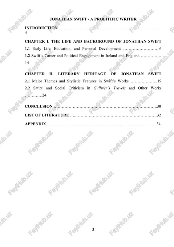 both his personal experiences and the socio-political transformations of the 17th and 18th centuries. his works reflect a sharp intellect, a deep concern for justice, and a unique literary voice capable of blending humor with profound seriousness. this course paper investigates swift's development as a writer and explores the literary, political, and philosophical dimensions of his major works. in an era marked by wars, religious strife, and the rise of enlightenment thinking, swift stood as a critical observer of human behavior and institutional power. his biting satires exposed the flaws of modern society and questioned the integrity of political and religious institutions. at the same time, swift’s writings often reflect personal conflicts, moral dilemmas, and a restless search for truth. this duality—of public engagement and private introspection—is one of the defining features of his legacy. the main objective of this research is to analyze jonathan swift’s most influential works in …