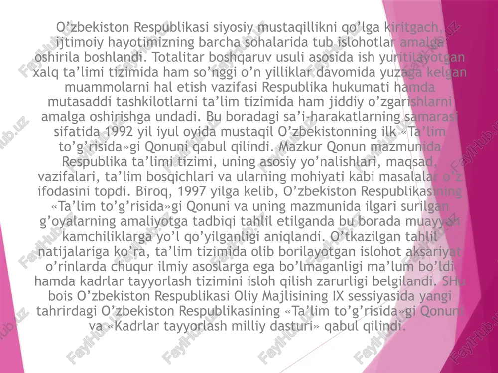 assasalari hamda ta’lim va kadrlar tayyorlash sohasida raqobat muhitini shakllantirish negizida ta’lim tizimini yagona o’quv, ilmiy-ishlab chiqarish majmui sifatida izchil rivojlantirishni ta’minlash; ta’lim va kadrlar tayyorlash tizimini jamiyatda amalga oshirayotgan demokratik huquqiy davlat qurilishi jarayonlariga moslashtirish; kadrlar tayyorlash tizimi muassasalarini yuqori malakali mutaxassislar bilan ta’minlash, pedagogik faoliyatining nufuzi va ijtimoiy maqomini ko’tarish; kadrlar tayyorlash tizimi va mazmunini mamlakatning ijtimoiy va iqtisodiy taraqqiyoti istiqbollaridan, jamiyat ehtiyojlaridan, fan, madaniyat, texnika va texnologiyaning zamonaviy yutuqlaridan kelib chiqqan holda qayta qurish; ta’lim oluvchilarni ma’naviy axloqiy tarbiyalashning va ma’rifiy ishlarning samarali shakllari hamda uslublarini ishlab chiqish va joriy etish; ta’lim va kadrlar tayyorlash, ta’lim muassasalarini attestatsiyadan o’tkazish va akkreditatsiya qilish sifatiga baho berishning xolis tizimini joriy qilish; yangi ijtimoiy-iqtisodiy sharoitlarda ta’limning talab qilinadigan darajasi va sifatini, kadrlar tayyorlash tizimining amalda faoliyat ko’rsatishi va barqaror rivojlanishining kafolatlarini, ustuvorligini ta’minlovchi normativ, moddiy-texnika va axborot bazasini yaratish; ta’lim, fan, ishlab chiqarish samarali integratsiyalashuvini ta’minlash, tayyorlanayotgan kadrlarning miqdori va …