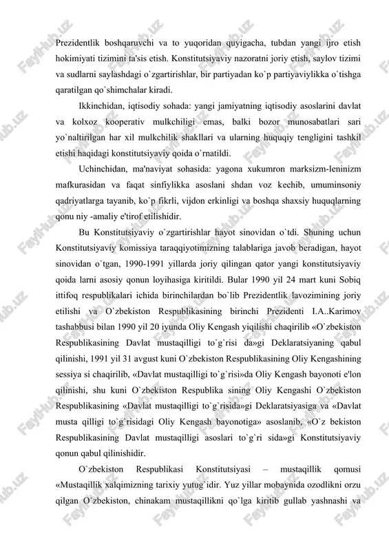 asining oliy kengashining sessiya si chaqirilib, «davlat mustaqilligi to`g`risi»da oliy kengash bayonoti e'lon qilinishi, shu kuni o`zbekiston respublika sining oliy kengashi o`zbekiston respublikasining «davlat mustaqilligi to`g`risida»gi deklaratsiyasiga va «davlat musta qilligi to`g`risidagi oliy kengash bayonotiga» asoslanib, «o`z bekiston respublikasining davlat mustaqilligi asoslari to`g`ri sida»gi konstitutsiyaviy qonun qabul qilinishidir. o`zbekiston respublikasi konstitutsiyasi – mustaqillik qomusi «mustaqillik xalqimizning tarixiy yutug`idir. yuz yillar mobaynida ozodlikni orzu qilgan o`zbekiston, chinakam mustaqillikni qo`lga kiritib gullab yashnashi va farovonlikka erishishi, taraqqiy etgan demokratik davlatlar qatori xalqaro hamjamiyatda munosib o`rinni egallashi – biz ko`zlagan oliy maqsaddir» [1]. mustaqillik bu: - tenglik sari qo`yilgan birinchi hadam. chunki tenglik bo`lmagan joyda kimdir kimgadir tobe bo`ladi. mutelik bor joyda hukmronlik, o`zgalar hisobiga yashash kabi illatlar paydo bo`ladi. - mustaqillik – o`zaro hurmat, bir-birini tan olish, bir-birini qadrlash asosida mamlakat fuqarolari o`zaro munosabatida ham, davlatlar o`rtasida ham ana shu umuminsoniy qadriyatlarga tayanish, umuminsoniy mezonlar asosida yashash demakdir. - mustaqillik – jamiyatdan …