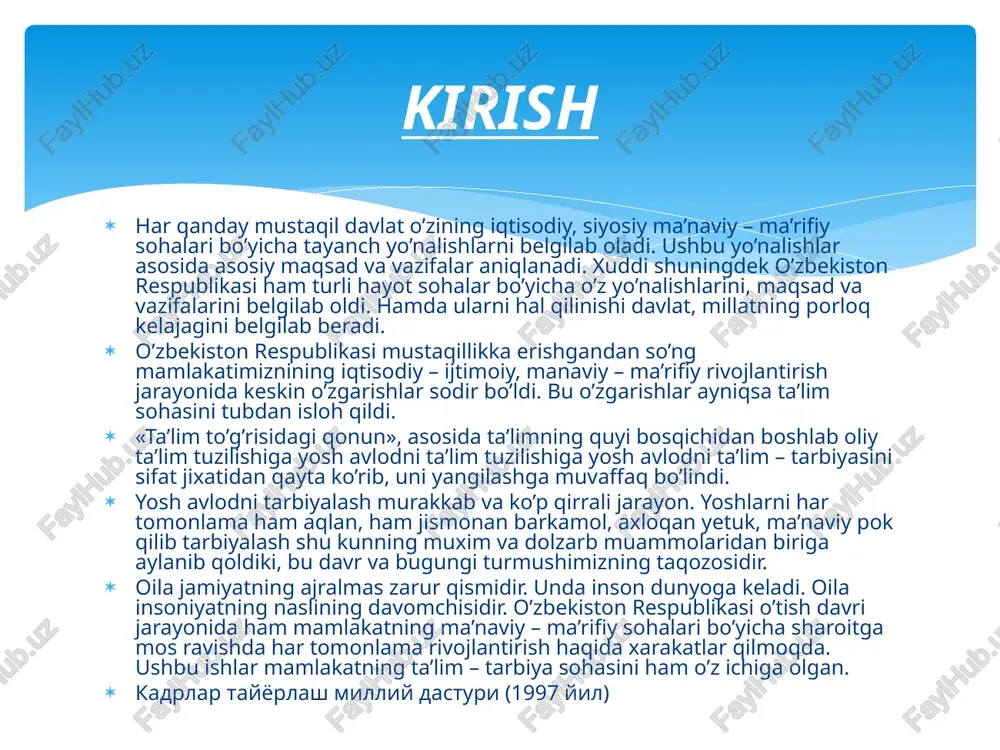 arimiz, oqila onalarimizning ijodi, teran aql – zakovoti, o’ziga xos dunyoqarashi va xayotiy falsafasi, ko’p asrlik sinov – tajribalari juda chuqur, ammo ixcham, lo’nda shaklda chiroyli bayon etilgan, hayot sabog’i – donishmandlikning ba misoli qomusiga aylangan, tarixning xar hil to’fon unsurlariyu jangu – jadallariga bardosh berib davrdan – davrga, avloddan – avlodga o’tib kelayotgan xalq mafkurasi – ma’naviyati, ma’rifiy va axloqiy – ruxiy tarbiyasi bilan bog’liq qadriyatlarga, xalq an’anaviy sharqona pandu – nasixatlar, o’gitlar va boshqa katta tarbiya vositalariga befarq qaraldi. shu bilan birga, qarindoshlarning o’zaro yordami ba’zi xollarga jamiyat taraqqiyotini sekinlashtirib qo’yadigan tayyoriga – ayyorlikka va tanish – bilishchilikka aylanib keldi. oila qadriyatlari va qon – qarindoshlik munosabatlarini qayta tiklanishi o’z umrini yashab kelayotgan urug’ munosabatlarini abadiylashtirishni emas, balki har bir oilaning iqtisodiy – ma’naviy va kasb jixatidan erkin bo’lish imkoniyatini aniqlatishi lozim. shunday ekan bugungi kunga kelib tanish – bilishchilik juda avjiga olib ketdi. biz yosh bilimli, saviyali …