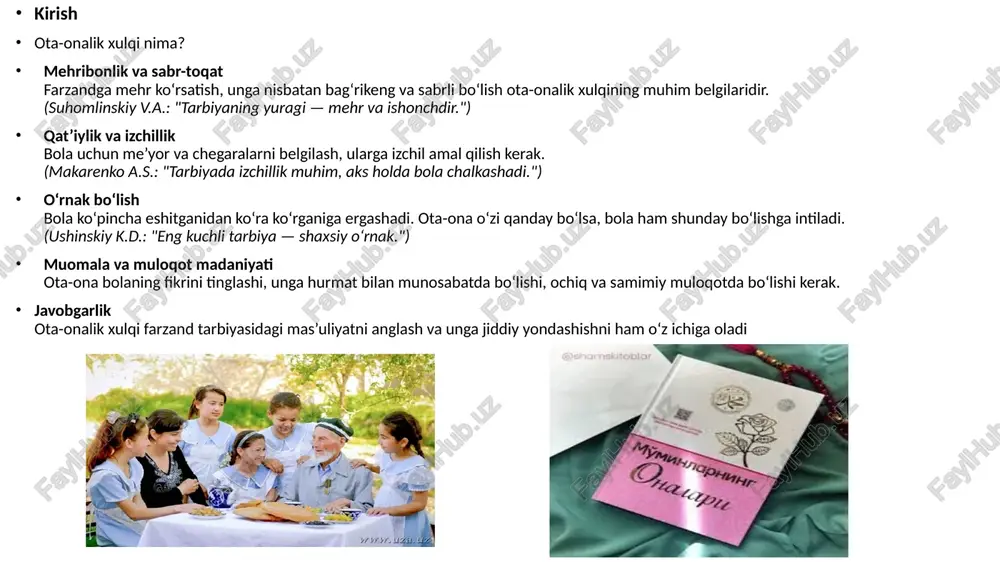 langan. jadid adabiyotining namoyandasi abdurauf fitrat jamiyat rivoji va yurt ravnaqi farovonligida oilaning o‘rni xususida fikr yuritib, “oila” asarida shunday mulohazalar bildiradi: “har bir millatning saodati va izzati, albatta, shu xalqning ichki intizomi va totuvligiga bog‘liq.tinchlik va totuvlik ana shu millat oilalarining intizomiga tayanadi.qayerda oila munosabati kuchli intizomga tayansa, mamlakat va millat ham shuncha kuchli va muazzam bo‘ladi”. 6 qattiqlik va yumshoqlik muvozanati qattiq tarbiya bola qoidalarni tushunishi uchun zarur. cheklovlarni belgilash jazo tartibida yumshoq tarbiya mehr-muhabbat bilan yondashuv qo'llab-quvvatlaydi. emotsional qo'llab-quvvatlash motivatsiya berish 7 yaxshi ota-onalik xulqining belgilari mehr-muhabbat va e’tibor ota-onalar bolalariga chin dildan mehr ko‘rsatishi, ularni tinglashi, ularning his-tuyg‘ularini hurmat qilishi pedagogik manbalarda birinchi o‘rinda turadi. mehribonlik bola ishonchini oshiradi va uning ruhiy sog‘lomligini ta’minlaydi. (masalan, v.a.suhomlinskiy ta’kidlaganidek, mehr bolaning asosiy ruhiy ehtiyojidir.) sabr-toqat va tushunish bola tarbiyasida ota-onaning sabr qilishi, xatolarni tushunish bilan qabul qilishi, o‘rganishga yordam berishi muhim. pedagogik adabiyotlarda ota-onaning sabr-toqatli bo‘lishi bolani tarbiyalashda …