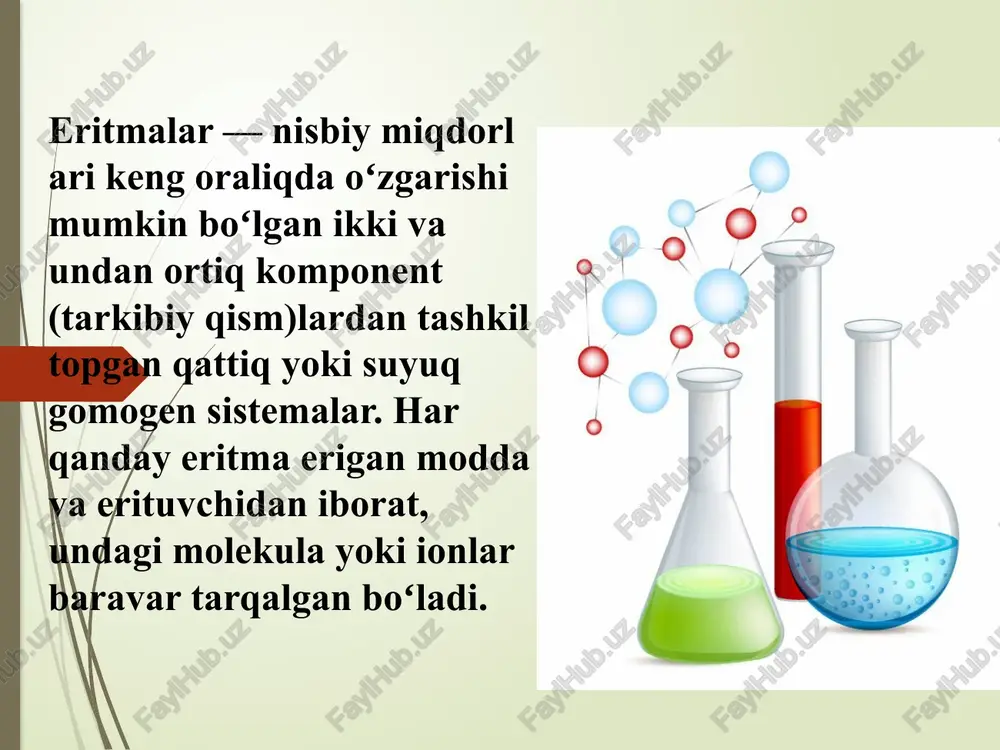 iyasiga va haroratga to`g`ri proporsionaldir qonga nisbatan turli xil osmotik bosimli eritmalar izotonik (0,9 % nacl) gipotonik (0,1 % nacl) gipertonik (5 % nacl) osmometr eritma ustidagi bug` bosimining nisbiy kamayishi eritmalarning kolligativ hossalaridan biri raulning 1-qonuni eritma ustidagi bug` bosimining nisbiy kamayishi erigan moddaning mol ulushiga teng 〖𝑷𝒐 −𝑷〗_𝟏/𝑷_𝟎 = 𝒏/(𝒏+𝑵) eritmalarning kolligativ hossalaridan biri raulning 1-qonuni eritma ustidagi bug` bosimining nisbiy kamayishi erigan moddaning mol ulushiga teng eritmalar qaynash haroratining ko`tarilishi eritmalarning kolligativ hossalari dan biri raulning 2-qonuni (ebulioskopiya) eritmaning qaynash haroratini toza erituvchiga nisbatan ko`tarilishi erigan moddaning molyal konsentratsiyasiga to`g`ri proporsional 〖δ𝒕〗_𝒒𝒂𝒚𝒏= eּ𝑪_𝑩 eritmalarning kolligativ hossalari dan biri raulning 2-qonuni (ebulioskopiya) eritmaning qaynash haroratini toza erituvchiga nisbatan ko`tarilishi erigan moddaning molyal konsentratsiyasiga to`g`ri proporsional eritmalar muzlash haroratining pasayishi eritmalarning kolligativ hossalari dan biri raulning 2-qonuni (krioskopiya) eritmaning muzlash haroratini toza erituvchiga nisbatan pasayishi erigan moddaning molyal konsentratsiyasiga to`g`ri proporsional 〖δ𝒕〗_𝒎𝒖𝒛𝒍= kּ𝑪_𝑩 eritmalarning kolligativ hossalari dan biri raulning …