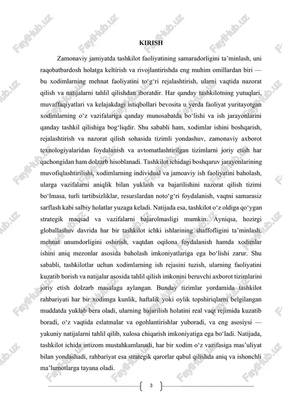 ar orasida eng muhimi — foydalanuvchilar ro‘yxati bilan ishlash, yangi vazifalarni belgilash, vazifalarning bajarilish holatini kuzatish, hisobotlarni shakllantirish, vaqti o‘tgan yoki bajarilmagan topshiriqlar haqida ogohlantirish berish, foydalanuvchilarning roli va huquqlarini boshqarish, statistik tahlillarni ko‘rsatish, shuningdek, ma’lumotlar xavfsizligini ta’minlash kabi jihatlar kiradi. bunday tizimlar foydalanuvchilar uchun qulay, sodda interfeysga ega bo‘lishi, tez ishlashi, ishonchli saqlanishi va oson kengaytirilishi lozim. amaliyotda ko‘plab tashkilotlar excel, word, hatto qog‘ozli daftarlarda ish rejalari yuritadi. bu esa tez-tez chalkashliklar, vazifalarning unutilishi, javobgarlikning yo‘qligi, keraksiz vaqt va resurslar sarfi kabi kamchiliklarga olib keladi. shu sababli, bunday jarayonlarni avtomatlashtirish zamon talabi bo‘lib qolmoqda. axborot texnologiyalarining rivojlanishi bunga keng imkoniyat yaratmoqda. ayniqsa, c# tili asosidagi windows forms kabi platformalarda foydalanishga qulay, ko‘p funksiyali, lokal yoki tarmoq orqali ishlovchi dasturlarni yaratish imkoniyati mavjud. xodimlar ish rejasini nazorat qiluvchi dasturiy tizimda har bir foydalanuvchi o‘z akkaunti orqali tizimga kiradi, unga tegishli bo‘lgan vazifalarni ko‘radi, belgilangan sana va muddatlarga amal qiladi, bajarilgan …