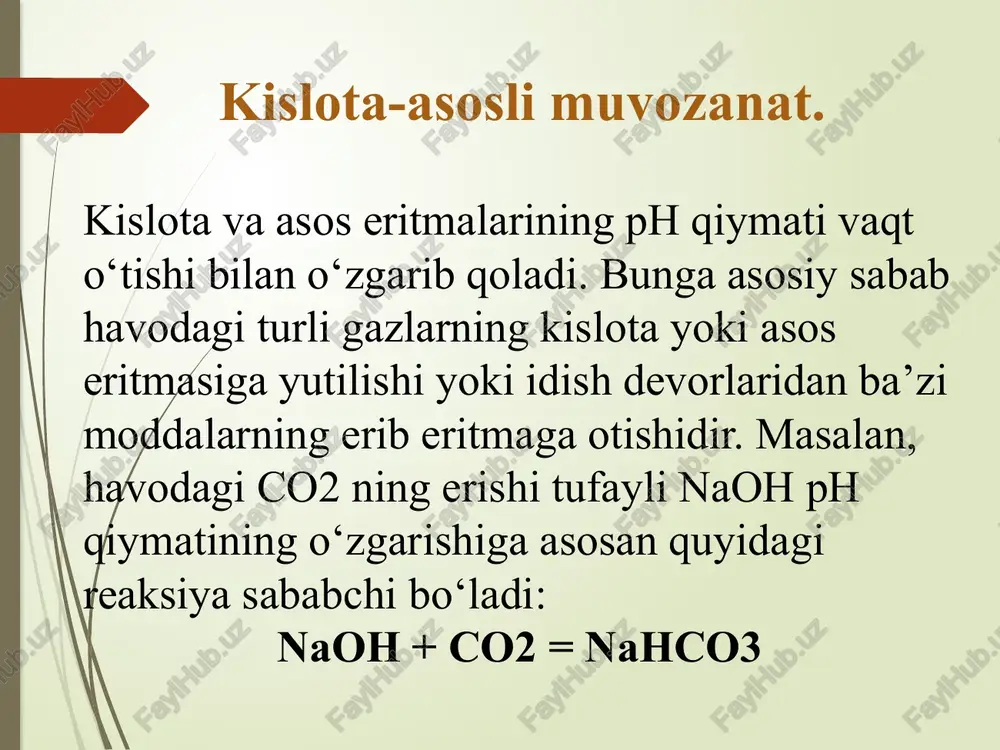 slota yoki asos qo‘shilgandan so‘ng ph qiymatini o‘zgartiradi. bufer eritmaning bu xossasi bufer sig‘imi bilan baxolanadi. bufer sig‘imi – 1l bufer eritmaning ph qiymatini bir birlikka o‘zgartirish uchun qo‘shilishi kerak bo‘lgan kuchli kislota yoki asosning mol(millimol)dagi miqdori bilan o‘lchanadi. bufer sig’imi c b = -------------- mmol ph1 - ph0 bu yerda: b - bufer sig’imi; mmol c - qo’shilayotgan kuchli kislota yoki asosning mmoldagi miqdori ph0 - boshlang’ich muhit phi ph1 - ohirigi muhit phi gidrokarbonatli buffer: masalan: 1 l qon zardobiga 10 ml 0,1 m xlorid kislota qo‘shilganda ph 7,4 dan 7,2 ga o‘zgaradi, vaxolanki shuncha miqdordagi xlorid kislota 1 l fiziologik eritma (0,15 m nacl eritmasi) ph ini 2,0 gacha o‘zgartiradi. gidrokarbonat ionlari ko`rinishida mavjud bo`lgan co2 ning hajmiy ulushi qonning ishqoriy zaxirasi deyiladi va odatda 50-70 % ni nashkil etadi. organizmning bufer sistemalari gidrokarbonatli bufer sistema - qonning asosiy bufer sistemasi: h2co3 h+ + hco3- nahco3 na+ …