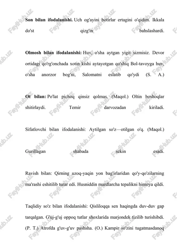 qo'shdi. muhammad aminxo'ja muqimiyo'zbek mumtoz adabiyotining yirik vakilidir. 6. o'xshash belgi mustaqillik so'zi naqadar laziz (u.) bizgaerk berdi mustaqillik - ozodlik - quyosh. hol va uning ifodalanishi ish-harakatning belgisi, qay tarzda bajarilishi, sababi maqsadi va uning bajarilishi bilan bog'liq bo'lgan o'rin va paytga munosabatini ifodalovchi gap bo'lagi hol deyiladi. qay tarzda? qay holatda? qayerda? qayerga? qayerdan? qachon? kabi so'roqlardan biriga javob beradi. hol ravish, ravishdosh, jo'nalish, chiqish, o'rin payt kelishigidagi ot yoki ko'makchili ot bilan, taqlidiy so'z va son bilan ifodalanadi. hol vazifasida keluvchi so'z turkumi, asosan, ravishdir. masalan: tong chog'i tun bilan kunduz uchrashdi, tunda armon bilan yulduz uchrashdi. (u. a.) ravishdoshning ham asosiy vazifasi gapda hol bo'lib kelishdir. masalan: g'ulomjon qishloqda bo'lgan voqealarni oqizmay- tomizmay so'zlab berdi. (m.i.) hol ma'no xususiyatiga ko'ra quyidagi turlarga bo'linadi: ravish holi,payt holi, o'rin holi, sabab holi, maqsad holi, daraja - miqdor holi. ravish holi. ish-harakatning qay tarzda bajarilishini bildiradigan hol ravish holi …