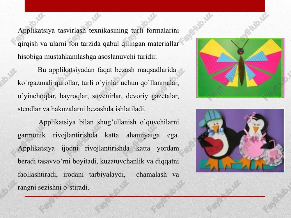 zatilib, tabrik so`zi yoziladi. applikatsiyalar asosga turli rangdagi materiallarni elimlash yoki to`qish yo`li bilan hosil qilinadi. asos sifatida qog’oz mato, charm va boshqalar ishlatilishi mumkin. maktab sharoitida mehnat ta’limi darslarida,sinfdan tashqari ishlarda applikatsiyalar uchun rangli qog’ozlar, mato, to`garklarda yana somon tayoqchalari. urug’lar, quritilgan yaprokdar, gullarning yaproqlari, paxta va boshqalar ishlatiladi. uzining mazmuniga ko`ra apshshkatsiyalarni predmet, sujetli,ornamental va shriftli turlarga bo`lish mumkin. qoidasiga ko`ra ular, bir xil yoki turli xil ranglarda tayyorlanishi mumkin. predmet applikatsiyalari (yaproq, mevalar, sabzavotlar, gullar, qo`ziqorin, hashoratlar) geometrik shakllarni teng qismlarga kesib hosil qilinadi. ular oddiy va kichik yoshdagi maktab o`quvchilari bemalol ularni tayyorlashlari mumkin. sujetli (biror ma’noga ega) applikatsiyalar bir necha xil shakllardan tashkil topib, ular dinamik ravishda harakatlanadigan qilib bajarilishi ham mumkin. sujetli applikatsiyalar o`quvchilar ixtiyoriga qarab qishloq ho`jaligiga oid, sanoatga oid, quruvchilikka oid badiiy fantastikaga oid mavzularda bajarilishi mumkin. applikatsiyalar naqshlarini rangli qog’ozning kichik-kichik bo`laklaridan qirqib tayyorlash mumkin, bu detallarni qaychi bilan qirqib yoki …