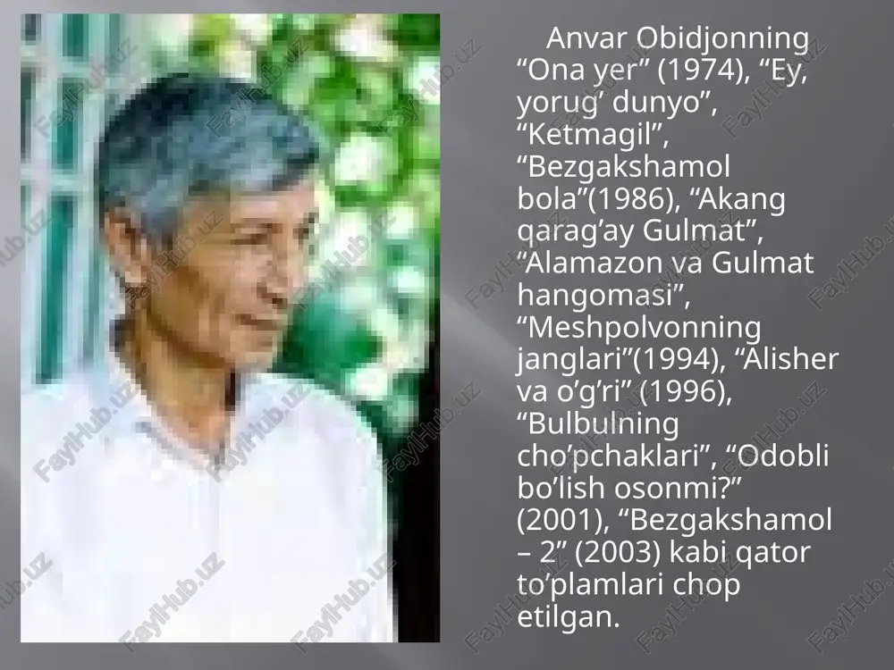 yosh kitobxonni cho’g’dek porlab turishiga barakali hissa qo’shmoqda. shoirning o’nlab qissa va dostonlari, ertak va dramalari bolalar qo’lidan tushmay kelayotir. respublika yosh tomoshabinlar teatri hamda farg’ona, guliston, qarshi, qo’qon teatrlarida anvar obidjonning “qo’ng’iroqli yolg’onchi”, ”pahlavonning o’g’irlanishi”, “topsang hay-hay”, “navro’z va boychechak”, “qorinbotir” pyesalari sahnalashtirilgan. uning asarlari asosida “ozbekfilm” kinostudiyasi tomonidan “tilsimoy – g’aroyib qizaloq”, “dahshatli meshpolvon”komediyalari kino tasmasiga tushirilgan. anvar obidjonning she’rlariga bastalangan qo’shiqlarning asosiy qismi bolalarga bag’ishlangan. e’tiboringiz uchun rahmat! image2.jpeg image3.jpeg image4.jpeg image5.jpeg image6.jpeg image7.jpeg image8.jpeg image9.jpeg image10.jpeg image11.jpeg image12.jpeg i avcap o61exo% boaaamkaah avipmamlll klint abayradyp wko ami ybamk capa /docprops/thumbnail.jpeg