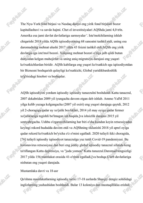 sifatida keng ta'riflangan katta depressiya, va "juda yomon" katta tanazzul.daromad tengsizligi 2017 yilda 156 mamlakat orasida 41-o'rinni egalladi,[va boshqa g'arb davlatlariga nisbatan eng yuqori darajada. mustamlaka davri va 18-asr qo'shma mamlakatlarning iqtisodiy tarixi 17-18 asrlarda sharqiy dengiz sohilidagi inglizlarning yashashidan boshlandi. bular 13 koloniya dan mustaqillikka erishdi britaniya imperiyasi 18-asrning tezroq va tez mustamlaka iqtisodiyotidan qishloq xo'jaligiga yo'llangan iqtisodiyotga aylandi. 19-asr qarang: qo'shma havodadagi tariflar ro'yxati, qo'shma qarshida protektsionizm, amerika qo'shma shtatlari tarixidagi tarif va amerika tizimi (iqtisodiy reja) washburn and moen manufacturing company massachusets shtatidagi vorester shahrida, 1876 yil 180 yil ichida aqsh ulkan, yaxlit, sanoatlashgan iqtisodiyotga aylandi, bu iqtisodiyotning beshdan birini tashkil etdi jahon iqtisodiyoti. katta, aholi jon boshiga aqsh yaim yaqinlashdi va natijada bu ko'rsatkichdan oshib britaniya imperiyasi, iqtisodiy, iqtisodiy iqtisodiy orqada qolgan boshqalar. iqtisodiyot qildiyot yuqori ish haqini saqlab, butun dunyo millionlab odamlarni jalb.[iqtibos kerak ] 1800-yillarning boshlarida qo'shmalarga asosan qishloq xo'jaligi edi, aholining 80 yildan …