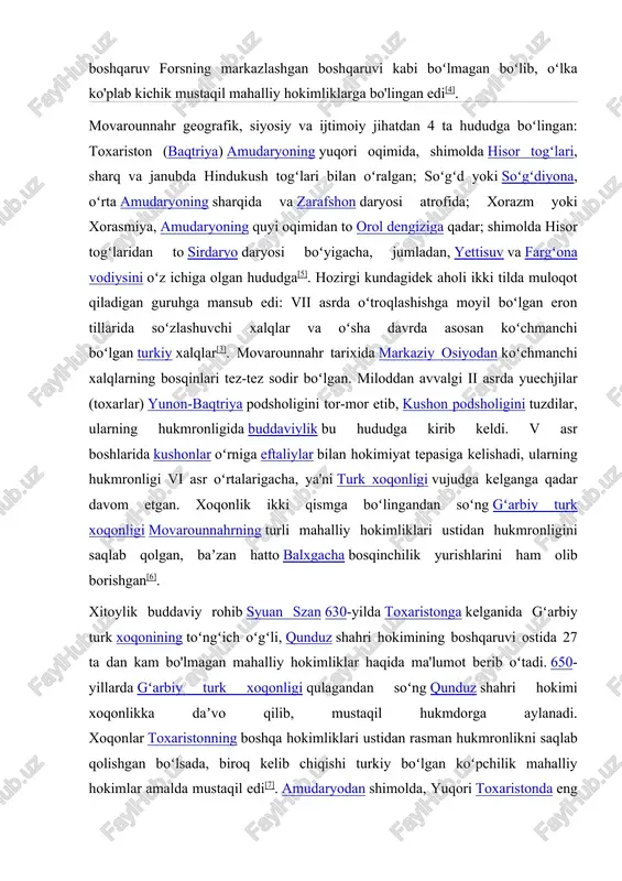 tonda eng muhim hokimliklar badaxshon, xuttalon, qubodiyon va chagʻoniyon edi. amudaryoning janubida, quyi toxaristonda, markaziy shahar hisoblangan qadimiy balx shahri joylashgan bo'lib, u toxaristonning eng muhim aholi manzilgohi va uning diniy markazi hisoblangan, bundan tashqari, balx shahrida joylashgan navbahor buddaviylik stupasi juda mashhur boʻlib, koʻplab ziyoratchilarni oʻziga jalb qilgan. yana joʻzjon, bodgʻis, hirot va bomiyon ham muhim hokimliklar edi[8] hyperlink "https://uz.wikipedia.org/wiki/arablarning_o%e2%80%98rta_osiyo_istilosi" \l "cite_note-kenndey-9" [9]. hisor tizmasidan shimoli-gʻarbda zarafshon daryosi boʻyida soʻgʻdiyona oʻlkasi joylashgan. bu qadimiy oʻlka oʻz madaniyati, tili va an'analariga ega boʻlgan boʻlib, arxeologik topilmalar va yozma manbalar orqali yaxshi oʻrganilgan. soʻgʻdiyona ham bir qancha mayda hokimliklarga boʻlingan, biroq ikkita asosiy hokimlik – buxoro va samarqand qolgan hokimliklar ustidan hukmron edi. soʻgʻdlar „buyuk ipak yoʻli“[10] hyperlink "https://uz.wikipedia.org/wiki/arablarning_o%e2%80%98rta_osiyo_istilosi" \l "cite_note-gibb5-11" [11] da asosiy savdogarlar hisoblangan. xitoy yilnomalarida mahalliy hokimlarning aksariyati bir hukmron xonadonga mansubligi, bu xonadon boshligʻi samarqand hokimi esa turk xoqonlari bilan oilvaiy rishta bogʻlaganligi qayd etilgan. mahalliy hokimlarning …
