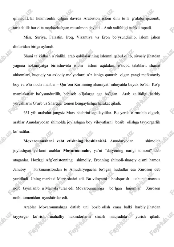 buxoroga bostirib kiradilar. sug`d, kesh va nasaf viloyatlaridan yordamga kelgan bir yuz yigirma mingli harbiy kuchga suyanib buxoro malikasi dushman bilan jang qilish uchun o`z qo`shinini safga tortadi. biroq, sug`dliklar vahimaga tushib buxoroni o`z taqdiriga tashlab, jang maydonidan chiqib ketadilar. natijada malika katta boj to`lab, malikazoda va dehqon aslzodalardan 80 nafarini garovga berib, yana sulh tuzishga majbur bo`ladi. said ibn usmon buxorodan samarqand sari qo`shin tortadi. bir oydan oshiqroq davom etgan jangda sug`dliklar qahramonona qarshilik ko`rsatadilar. said ular bilan sulh tuzib, kelishishga majbur bo`ladi. samarqanddan u o`ljalar bilan bir qatorda 30 ming nafar asir olib qaytadi. yo`l-yo`lakay u termiz shahrini egallaydi. shunday qilib, arablarning movarounnahrga tomon qilgan dastlabki yurishlari aslida ayrim sarkardalarning boylik orttirish maqsadida o`zboshimchalik bilan amalga oshirgan talonchigidan iborat edi. natijada, movarounnahrning bir qator viloyatlari talanib , vayron etiladi. shubhasiz, arablarning talonchilik yurishlariga qarshi kurashish maqsadida movarounnahrning mahalliy hukmdori o`rtasida harbiy ittifoq tuzish uchun urinishlar bo`lgan. vii asrning …