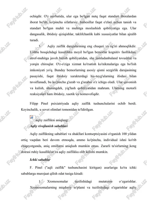oviy moddalarning zararli ta'siri (tumorga qarshi dorilar va boshqalar) yoki jismoniy ta'sirlar (rentgen nurlari, elektromagnit nurlanish) natijasida yuzaga kelishi mumkin. shuningdek, taqdim etinggenlar darajasida hujayra bo'linishini nazorat qilishning buzilishiga moyillik, shuningdek, ota-onalarning yoshi kabi omillar mutatsiyalarning paydo bo'lishiga ta'sir ko'rsatishi mumkin. 3. noqulay, alamli irsiyat. bunday sabablar orasida endokrin tizim kasalliklari yoki metabolik jarayonlardagi nuqsonlar mavjud. bolaning aqliy zaiflashuvining sababi onaning qandli diabeti bo'lishi mumkin. onaning qonida fenilalanin miqdori normadan oshib ketganda (fenilketonuriya), fenilalanin embriopatiyasi paydo bo'ladi. spermatozoidlar va tuxumlarning pishib yetilishining boshidan zigota hosil bo'lgunga qadar sodir bo'lgan murakkab o'zgarishlar jinsiy hujayralarning haddan tashqari pishganligini ko'rsatadi. bunday hodisalar gormonal buzilish tufayli yuzaga kelishi mumkin, lekin ko'pincha ovulyatsiya va tuxumning urug'lantirilishi o'rtasidagi davrning ko'payishi bilan sodir bo'lishi mumkin. bunday o'zgarishlar aqliy zaiflikka ham olib kelishi mumkin. 13, 18, 21 trisomiyasi bo'lgan bolalarning tug'ilish darajasi ota-onalarning yoshiga qarab ortadi. shu munosabat bilan, ota-onalarning yoshi kabi omil aqliy zaiflikning rivojlanishiga sabab bo'lishi …