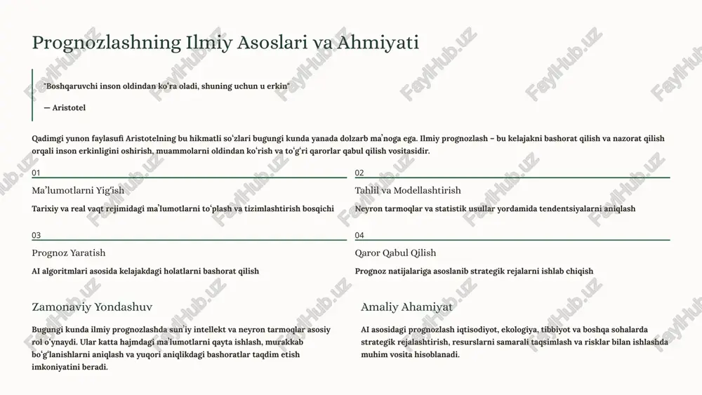 tkazildi. ushbu tizim uskunaning texnik holatini 95% aniqlik bilan baholab, nosozliklarni oʻrtacha 48 soat oldin bashorat qiladi. texnologik uskunaning aqlli monitoring tizimi zamonaviy xatolarga bardoshli nazorat tizimlari bir nechta asosiy komponentlardan tashkil topgan: real vaqt rejimida maʼlumot yigʻuvchi sensorlar tarmogʻi, katta hajmdagi maʼlumotlarni qayta ishlovchi markazlashtirilgan server, neyron tarmoqlar asosida ishlaydigan tahlil moduli va operator uchun vizual interfeys. sensorlar tarmogʻi harorat, bosim, tebranish va boshqa parametrlarni doimiy kuzatuvchi qurilmalar maʼlumotlar markazi yigʻilgan axborotni saqlash va dastlabki qayta ishlash tizimi ai tahlil moduli neyron tarmoqlar yordamida anomaliyalarni aniqlash va prognoz yaratish ogohlantirish tizimi operatorlarni xavfli holatlar haqida real vaqtda xabardor qilish boshlangʻich holatlar normal ishlash parametrlari bazaviy koʻrsatkichlarni aniqlash oʻrganish bosqichi doimiy monitoring 24/7 rejimida kuzatuv real vaqt tahlili tendentsiyalarni aniqlash faol javob berish tezkor ogohlantirish avtomatik to'gʻrilash preventiv ta'mirlash rejalari sunʼiy intellektda prognozlash metodlarining yangi yutuqlari zamonaviy ai texnologiyalari prognozlash aniqligini sezilarli darajada oshirmoqda. fuzzy temporal modellari va chuqur neyron …