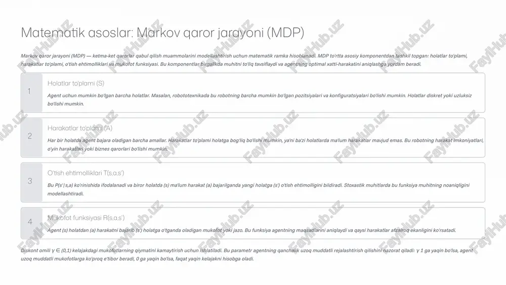 o'zgarish belgilangan chegara qiymatidan kichik bo'lganda, algoritm to'xtaydi. odatda |v_{k+1}(s) - v_k(s)| < ε sharti tekshiriladi. yangilash qoidasining komponentlari max operatori: barcha harakatlar orasidan eng yaxshisini tanlash summatsiya: barcha mumkin bo'lgan keyingi holatlar bo'yicha kutilayotgan qiymatni hisoblash mukofot r(s,a,s'): bevosita mukofot diskontlangan qiymat γvk(s'): kelajakdagi qiymat algoritmning ishlash printsipi har bir iteratsiyada algoritm barcha holatlar bo'yicha bir marta o'tadi va ularning qiymatlarini yangilaydi. bu parallel ravishda ham amalga oshirilishi mumkin, chunki yangi qiymatlar faqat oldingi iteratsiyadagi qiymatlarga bog'liq. yangilash qoidasi barcha mumkin bo'lgan harakatlarni baholaydi va eng yaxshi natija beradigan harakatni tanlaydi. bu "greedy" yondashuv optimal siyosatni topishga kafolat beradi. 4 bellman operatori va konvergentsiya qiymat iteratsiyasi algoritmining matematik asoslari bellman operatori va uning xossalariga tayanadi. bellman operatori b har bir holat-qiymat funksiyasini yangi funksiyaga o'tkazadigan matematik operator bo'lib, quyidagicha aniqlanadi: bellman operatorining xossalari bellman operatori bir qancha muhim matematik xossalarga ega bo'lib, ular qiymat iteratsiyasining konvergentsiyasini kafolatlaydi: siqilish xossasi …