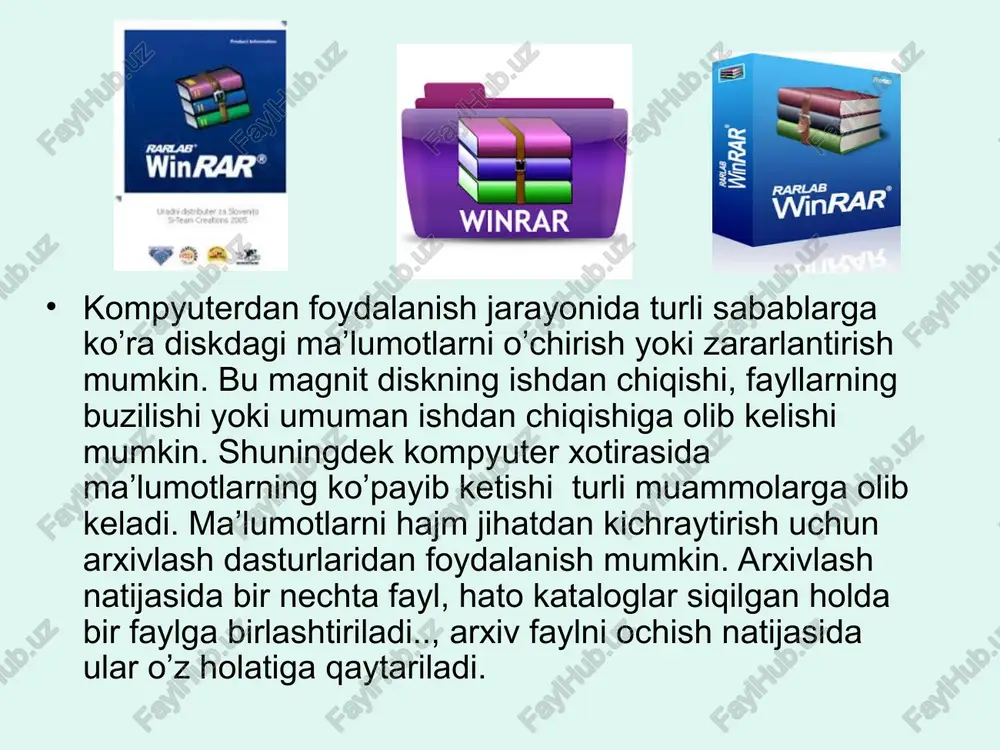 aki) arxivatori ham mavjud. yana ko`p qo`llaniladigan arxivatorlardan biri rar (ye.roshal) hisoblanadi. bu arxivator norton commander muhitida, foydalanuvchi interfeysi yordamida amalga oshiriladi. ammo bu arxivatordan epda foydalanish ancha noqulayliklar tug`diradi. adabiyotlar 1. dumachev v.n. teoriya informatsii i kodirovaniya - voronej: voronejskiy institut mvd rossii, 2011. 2. krushniy v.v. osnovi teorii informatsii i kodirovaniya. snejinsk-sgfta-2005. 3. verner m. osnovi kodirovaniya. uchebnik dlya vuzov. m: texnosfera, seriya "mir programmirovaniya", 2004. 4. savel'ev a.ya. osnovi informatiki. uchebnik dlya vuzov. m: izdatel'stvo mgtu im. n.e. baumana. 2001. tu oe uvetum