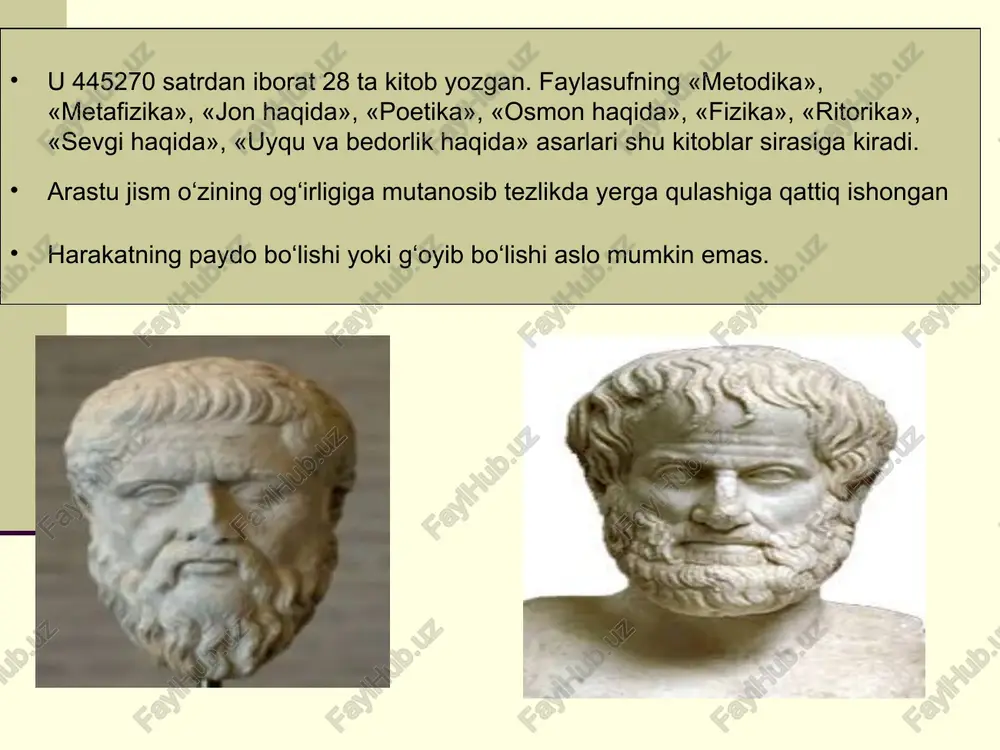 ini esa aslo cheklab-chegaralab bo’lmaydi. shuningdek iste’mol qiymati bilan tovar qiymati o’rtasidagi chegarani birinchi bo’lib belgilab berdi, turli xil tovarlarii faqat pul vositasida o’zaro qiyoslash mumkin, deb hisobladi. ruhiyat haqida hayvonot olami haqida fizika, metafizika, nazm, teatr, mantiq, ritorika, siyosat, etika, biologiya hamda zoologiyaga oid ishlar . iskandar maqduniy hukmdorlik taxtiga o‘tirgach, o‘z ustozi va do‘stiga atab haykal barpo etadi. bu haykalning poyida shunday yozuvlar bor edi: «iskandar ushbu yodgorlikni nikomaxning o‘g‘li, buyuk donishmand va avliyo arastu xotirasiga o‘rnatdi». sharq asotirlarida yozilishicha, bir kuni iskandar zulqarnayndan so‘raydilar: — ne sababdan ustozing arastuni otang sulton faylaqus (filipp)dan ham a’lo ko‘rasan? shoh iskandar shunday javob qaytaradi: — otam mening jismimni tarbiyalab, osmondan yerga olib tushdi. ustozim arastu esa mening ruhimni tarbiya qilib, yerdan osmon qadar yuksaltirdi. 19 oun rt -woouy nyse ondo yontdaen onseéionst7 lesa quololomdy @ysikhe *akpoaseqs a. —— meta 13 eitivas cai ri eleven ba ovnbaiver rep réizas ris uebdous, …