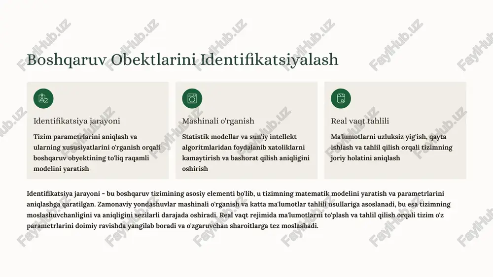 lib chiqadigan yo'qotishlarni minimallashtirishga yordam beradi. iqtisodiy samara va samaradorlik ko'rsatkichlari 30% to'xtashlar kamayishi favqulodda va rejasiz to'xtashlar sonining keskin qisqarishi 25% xarajatlar tejash ta'mirlash va texnik xizmat ko'rsatish xarajatlarining kamayishi 15% samaradorlik o'sishi umumiy ishlab chiqarish samaradorligining oshishi 95% ishonchlilik darajasi uskunaning uzluksiz ishlash koeffitsiyenti roi va to'lov muddati prognozika va xatolarga bardoshli nazorat tizimlarini joriy etish dastlabki investitsiyalarni talab qilsa-da, uzoq muddatli iqtisodiy samara juda yuqori. o'rtacha hisobda, tizim o'zini 12-18 oy ichida to'laydi. qo'shimcha foyda manbalari uskunaning xizmat muddatini uzaytirish energiya iste'molini optimallash mahsulot sifatini oshirish xodimlar xavfsizligini ta'minlash ekologik ko'rsatkichlarni yaxshilash nosozliklar dinamikasi: oldin va keyin tizim joriy etilishidan oldin tizim joriy etilgandan keyin grafik shuni ko'rsatadiki, prognozika tizimini joriy etgandan keyin nosozliklar soni sezilarli darajada kamaygan. birinchi yilda kamayish 30% ni tashkil etgan bo'lsa, keyingi yillarda bu ko'rsatkich 50-55% gacha yetadi, chunki tizim o'z-o'zini o'rgatish qobiliyati tufayli tobora aniqroq bashoratlar qiladi. bu nafaqat iqtisodiy tejamkorlik, …