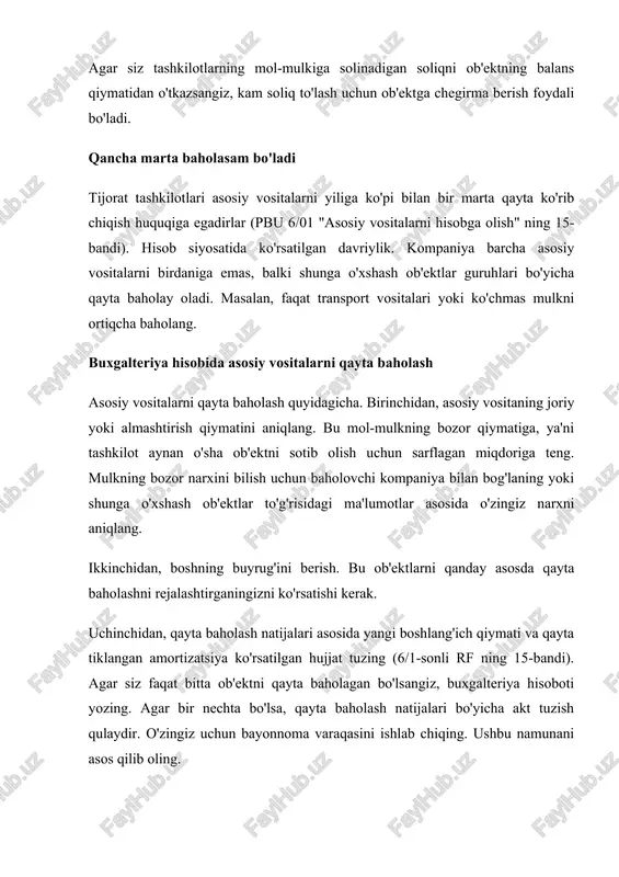 da aks ettirilishi kerak. 83-sonli "qo'shimcha to'langan kapital" hisobvarag'iga sms yozing: qarz 01 kredt 83 qayta baholash hisobga olinadi; debt 83 qoidali 02 hisoblangan amortizatsiya. agar siz ilgari asosiy vositani diskontlab qo'ygan bo'lsangiz, unda 83-sonli hisobvaraqdagi kreditni faqat oldingi qayta baholashdan tushgan zarardan oshib ketadigan summaga yuboring. oldingi yo'qotish summasi uchun 91-raqamning kreditiga yozib qo'ying: qarz 01 kreditining 91 "boshqa daromadlar" asosiy vositaning boshlang'ich qiymati oldingi belgilashdan tushgan zarar miqdorida hisoblanadi; kreditning "boshqa xarajatlar" debet 91 sub-hisobi hisoblangan amortizatsiya; qarz 01 kredt 83 asosiy vositaning boshlang'ich qiymati oldingi qayta baholashdan yo'qotilgan summadan ko'proq miqdorda qayta baholanadi; debt 83 qoidali 02 hisoblangan amortizatsiya. asosiy vositalarni belgilash: pochta orqali yuborish xabarlarni yuborish dastlabki bosqich qayta baholash yoki o'tkazilmasligiga bog'liq. "boshqa xarajatlar" subhesabining 91-schyotining debetida birinchi schyotni aks ettiring: asosiy vositaning boshlang'ich qiymati diskontlanadi; amortizatsiya kamaydi. agar ilgari asosiy vosita qayta baholangan bo'lsa, boshqa harajatlarda faqat ajratish summasi aks etadi, bu avvalgi qayta …