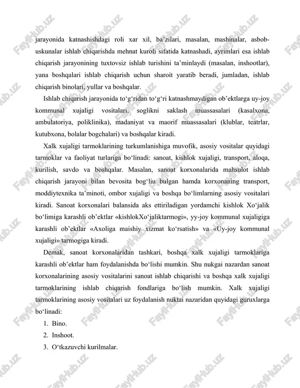 klarining asosiy vositalari uz foydalanish nuktai nazaridan quyidagi guruxlarga bo‘linadi: 1. bino. 2. inshoot. 3. o‘tkazuvchi kurilmalar. 4. mashina va uskunalar: a) kuch mashinalari va uskunalari; b) ishchi mashina va uskunalari; v) ulchov va tartibga soluvchi asboblar, kurilmalar va laboratoriya uskunalari; g) hisoblash texnikasi; d) boshqa mashina va uskunalar. 5. transport vositalari. 6. asbob-uskunalar. 7. ishlab chiqarish inventarlari va jixozlari. 8. xo‘jalik inventarlari. 9. ishchi va maxsuldor mollar. 10. kup yillik daraxtlar. 11. yerni yaxshilash bo‘yicha kapital xarajatlar (inshootlarsiz). 12. boshqa asosiy vositalar. foydalanishi nukgai nazarsdan asosiy vositalar xarakatdagi, zapasdagi va foydalag‘shlmaydigan ob’ektlarga, u yoki bu korxonaga karashliligi nukgai nazaridan korxonaning uziga karashli va ijaraga olingan ob’ektlarga bo‘linadi. asosiy vositalar dastlabki qiymati bo‘yicha hisobga olinadi. asosiy vositalar buxgalteriya gisobi milliy standarti 5-soniga muvofik kuyilagi bakolarda baxolanadi: ob’ektning dastlabki qiymati - bu asosiy vositalarni kurish yoki sotib olish bo‘yicha kilingan xaqikiy xarajatlar yigindisidir, bunga to‘langan soliular hamda to‘lovlar, keltirish va montaj …