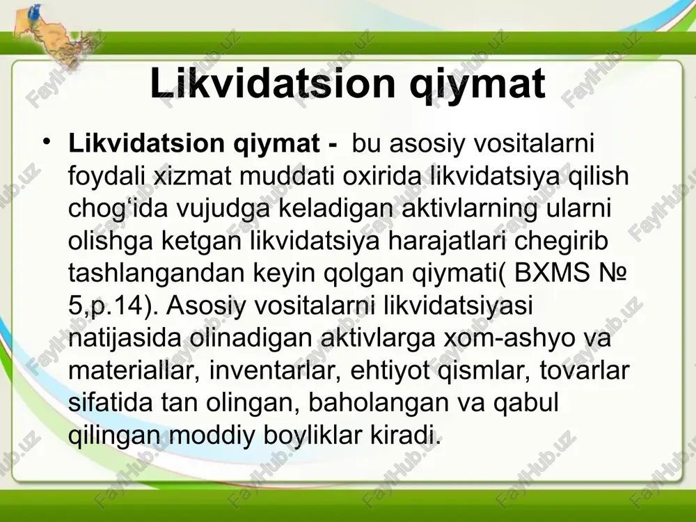 atini, ularning solik solish bazasiga ta’sirini qo‘yidagi misol asosida ko‘rib chiqaylik. aytaylik, avtomashinaning boshlang‘ich qiymati – 1000000 so‘m, korxona tomonidan ko‘zda tutilgan likvidatsion qiymat – 100000 so‘m, xizmat muddati – 5 yil, yillik eskirish me’yori – 20%. texnik pasportida xizmat muddati davrida ko‘zda tutilgan ish hajmi (soatlarda) – 10000 soat. mashinaning haqiqatda ishlagan vaqti hisob ma’lumotlari bo‘yicha 1-yilda – 2000 soat, 2-yilda – 3000 soat, 3-yilda – 2500 soat, 4-yilda – 1500 soat, 5-yilda – 1000 soat. bir maromda hisoblash usuli. ushbu usulning mohiyati shundaki, u amortizatsiyalanadigan qiymatni foydali xizmat muddat davomida bir maromda (miqdorda) hisoblashni, jamlangan amortizatsiya (eskirish) ni bir maromda ko‘payib borishini va qoldiq qiymatini bir maromda kamayib borishini taqozo etadi. yillik amortizatsiya (eskirish) summasi yillar boshlan-g‘ich qiymat amorti-zatsiyala-nadigan qiymat amorti-zatsiya me’yori yillik amorti-zatsiya jamlan-gan amorti-zatsiya qoldiq qiymat 1 1000000 900000 20% 180000 180000 820000 2 1000000 900000 20% 180000 360000 640000 3 1000000 900000 20% 180000 540000 …