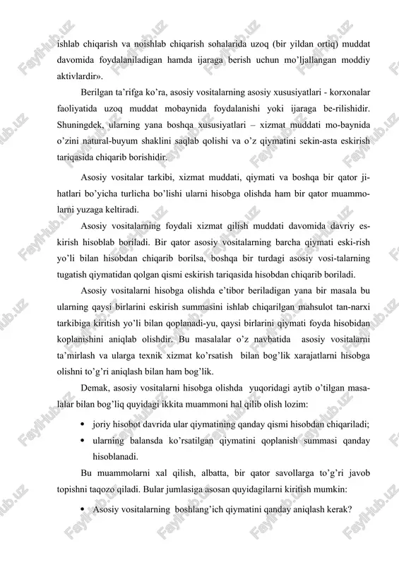 sosiy vositalarni ta’mirlash, texnik xizmat ko’rsatish va ulardan foydalanish bilan bog’liq xarajatlar hisobini qanday olib borish kerak? · hisobda asosiy vositalar va nomoddiy aktivlarning chiqib ketishini qanday ifodalash kerak? kutubxona fondlari, qishloq xo’jalik mashinalari va qurollari qiymatidan qat’iy nazar, asosiy vositalarga qo’shiladi. asosiy vositalarni hisobga olishni engillashtirish maqsadida uni batafsil turkumlab olish maqsadga muvofiqdir. asosiy vositalar bir qator belgilari bo’yicha turkumlanadi (8.1- chizma). 8.1- chizma. asosiy vositalarni turkumlanishi buxgalteriya hisobida hisobga olishda asosiy vositalarni turlari bo’yicha (natural buyum shakliga ko’ra) quyidagi gruhlarga ajratiladi: · yer; · yerni obodonlashtirish; · moliyalanadigan lizing shartnomasi bo’yicha olingan asosiy vositalar; · binolar, inshootlar va uzatuvchi moslamalar; · mashina va uskunalar; · mebel va ofis jihozlari; · kompyuter jihozi va hisoblash texnikasi; · transport vositalari; · ish hayvonlari; · mahsuldor hayvonlar; · ko’p yillik o’simliklar (daraxtlar); · boshqa asosiy vositalar; · konservatsiya qilingan asosiy vositalar. ahamiyati bo’yicha, ya’ni ishlab chiqarishdagi ishtirokiga ko’ra, asosiy vositalarni, odatda, …