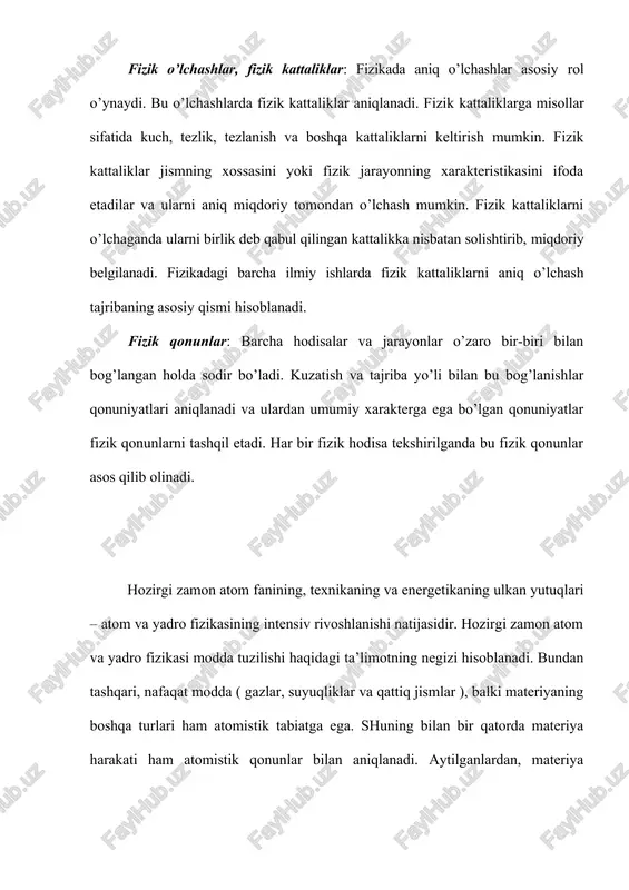trofida, quyosh atrofidagi planetalar kabi, manfiy zaryadlangan elektronlar aylanadi, atomning 99 % massasi yadroda jamlangan. bu modelni atomning planetar modeli deb atalgan. keyinroq bu modelning ham kamchiliklari borligi aniqlangan. bor rezerford modeli kamchiliklarini hisobga olib, o’zining uchta postulatlarini ta’rifladi. 1. elektronlar yadro atrofida ma’lum statsionar orbitalarda aylanib, bu orbitalarga diskret energiyalar to’g’ri keladi; 2. atom yoki undagi elektronlar bir statsionar m-holatdan ikkinchi n- holatga o’tganda o’zidan nur chiqaradi yoki nur yutadi. ushbu nurning chastotasi (1.1) shartdan topiladi. 3. orbita bo’ylab yadro atrofida harakatlanayotgan elektronning impuls momenti plank doimiysiga karralidir: (1.2) bu yerda butun sonlar, - plank doimiysi. bor o’z postulatlarini eng oddiy atom sistemasi – vodorod atomi nazariyasini yaratish uchun qo’llagan va uning asosida (1.3) kattalik – birinchi bor orbitasining radiusi aniqlangan. 2. to’lqin-zarra dualizmi. lui-de-broyl gipotezasi. kvant mexanikasi haqida tushuncha 1924-yilda fransuz fizigi l.v.de-broyl yorug’lik kabi barcha mikrozarralar korpuskulyar xususiyatga ega bo’lishi bilan birgalikda, to’lqin xususiyatga ham ega bo’ladi, …