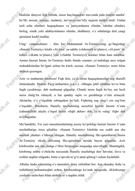 da, komil insonni tarbiyalash yo‘lida munosib xizmat qiladi, degan umiddamiz. abdulaziz mansur o‘zbekcha nashrning xususiyatlari bismillahir rohmanir rohiym. allohu taologa beadad hamdu sanolar, rasulullohga va u kishining xonadoni ahliga hamda sahobalariga behisob salotu salomlar bo‘lsin! assalomu alaykum, muhtaram kitobxon! assalomu alaykum, muhtaram kitobxon! mana, o‘zbekiston istiqlolining ajib mevalaridan biri - hazrati abu iso muhammad at-termiziyning «sunani termiziy» («al-jomi’ as-sahih») kitobi o‘zbekcha tarjimasining birinchi jildi qo‘lingizga yetdi. ulug‘ vatandoshimiz bo‘lmish imom at-termiziy jahondagi olti nafar eng mashhur muhaddisning biri, imom al-buxoriyning zamondoshi, safdoshi va shogirdidir. ana shu atoqli zot kitobining ona tilimizdagi tarjimasiga oid muhim xususiyatlarni siz aziz o‘quvchilarga ma’lum qilishni lozim topdik. 1. mazkur tarjima «sunani termiziy»ning misr respublikasi, qohira shahridagi «al-madaniy» nashri nusxasiga asoslangan istambul nashridan amalga oshirildi: hadislar asl arabiy tildan so‘zma-so‘z taqqoslangan va turkiy tarjimadan foydalangan holda tarjima qilinib, ushbu ki-tobda arabiy matni bilan birga taqdim etildi. sharh va izohlar esa istanbul (1971) nusxasidan tabdil etildi. «sunan»da …