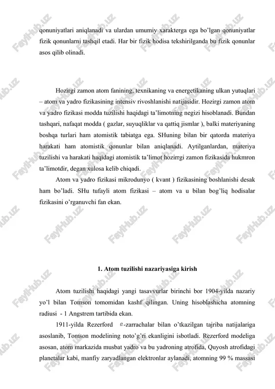 statsionar orbitalarda aylanib, bu orbitalarga diskret energiyalar to’g’ri keladi; 2. atom yoki undagi elektronlar bir statsionar m-holatdan ikkinchi n- holatga o’tganda o’zidan nur chiqaradi yoki nur yutadi. ushbu nurning chastotasi (1.1) shartdan topiladi. 3. orbita bo’ylab yadro atrofida harakatlanayotgan elektronning impuls momenti plank doimiysiga karralidir: (1.2) bu yerda butun sonlar, - plank doimiysi. bor o’z postulatlarini eng oddiy atom sistemasi – vodorod atomi nazariyasini yaratish uchun qo’llagan va uning asosida (1.3) kattalik – birinchi bor orbitasining radiusi aniqlangan. 2. to’lqin-zarra dualizmi. lui-de-broyl gipotezasi. kvant mexanikasi haqida tushuncha 1924-yilda fransuz fizigi l.v.de-broyl yorug’lik kabi barcha mikrozarralar korpuskulyar xususiyatga ega bo’lishi bilan birgalikda, to’lqin xususiyatga ham ega bo’ladi, degan farazni ilgari surgan. uning g’oyasiga ko’ra, yorug’lik tezligidan ancha kichik bo’lgan tezliklar bilan harakatlanadigan zarrachalar to’lqin uzunligi (2.1) bilan aniqlanadi, agar zarra yorug’lik tezligiga yaqin tezlik bilan harakatlansa, uning to’lqin uzunligi (2.2) bilan aniqlanadi. mikrozarralar dunyosining o’ziga xos xususiyatlaridan biri – diskret energetik …
