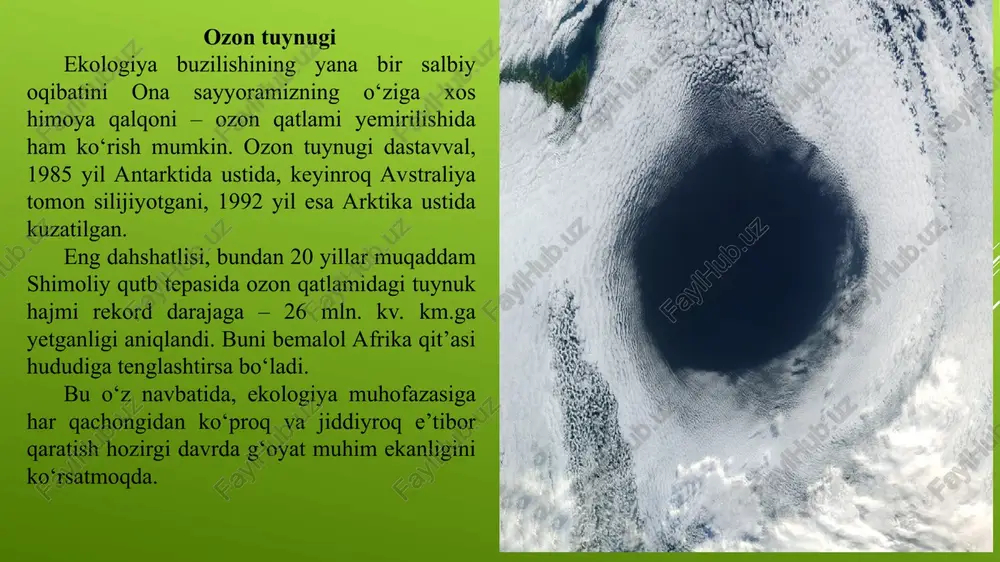 7,5 mlrd. kishini tashkil etadi. yapon yozuvchisi xirosi noma: “maboda kelgusida erda hayot tamom bo’lsa, u atom urushidan emas, ichimlik suvi etishmasligidan bo’ladi” deb to’g’ri aytgan. shuning uchun biz hayot manbai bo’lgan suvni toza saqlash va ko’paytirish choralarini ko’ra olsak, kelgusida erdagi tiriklikni saqlagan, odamlarni solom va farovon turmush kechirishini ta'minlagan bo’lamiz. ma'lumki, hozirgi vaqtda inson hayoti uchun o’ta xavfli bo’lgan yuqumli kasalliklar borgan sari ko’payib bormoqda: oits, tovuq grippi va yaqinda hind okeanidagi dahshatli sunamidan so’ng, 4 turdagi yangi (oldin uchramagan) yuqumli kasallik paydo bo’ldi. u bezgakka o’xshash kasallik bo’lib, shungata deb ataladi. u indoneziya, xindixitoy mamlakatlarida 7,4 mln. kishini halok bo’lishiga olib keldi va hokazolar. bu kasalliklar-ning paydo bo’lishining asosiy sababi biosferaga zaharli kimyoviy moddalar-ning ko’payib ketganligi va radiosion fonni oshganligidir. hozirgi vaqtda oldin uchramagan 70 ming xil kimyoviy moddalar biosferaga tarqalgan. ular tirik organizmlarni mutasiyaga uchratib, oldin beozor bo’lib yashab kelgan mikroorganizmlarni kasallik tarqatuvchi miqroblarga aylantiradi. bundan …