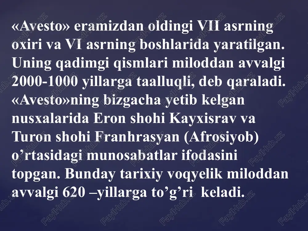 shgan. quyidagi parchada yaratilgan sust xotin obrazi «avesto»dagi suv xudosi tishtar mifologiyasiga bog’lanadi. sust xotin-o, sust xotin, ko’lankasi maydon xotin, sust xotin. dehqonlarni g’am bosdi, sust xotin. omochini chang bosdi, sust xotin. havo yog’sin sevalab, sust xotin. bo’ri qochsin tebalab, sust xotin, bug’doy bo’lsin zarchalab, sust xotin, sag’ir - sug’ir qolganlar, sust xotin, nonni yesin parchalab, sust xotin, sust xotin-o, sust xotin, ko’lankasi maydon xotin, sust xotin. «avesto»da ilk foniy odam – gaya marta haqida rivoyatlar keltirilgan. u zardo’shtiylikda yer yuzida yashagan birinchi odam sifatida tasavvur etiladi. o’rta asr manbalarida uning nomi gavomard, gayomat, gopat shoh, qo’bodshoh, kayumars tarzida bitilgan. gaya marta ikki vujudli, ho’kiz va odamdan tashkil topgan. uni ezgulik xudosi axura mazda dantiya daryosining bo’yidagi ar’yana vejada yetmish kun mobaynida yaratgan. daryoning chap sohilida odam, o’ng qirg’og’ida ho’kiz turgan. gaya marta insoniyat dushmani axriman tomonidan o’ldirilgan. e’tiboringiz uchun kottakon rahmat!!! image2.jpeg image3.jpeg image4.jpeg image5.jpeg image6.jpeg image7.jpeg bo 5-6 …
