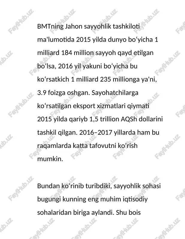 boy madaniy meroslarimiz bo‘la turib, ularni dunyoga tanita olmasak? buning uchun bizda arzigulik va maqtagulik boy tarixiy merosimiz yetarli. birgina fransiyaning parij shahriga yiliga 15 million sayyoh tashrif buyurar ekan. biz esa har yili sayyohlar sonini sanashdan, o‘tgan yildagidan biroz ko‘paygan bo‘lsa, uni baralla ovoza qilishdan nariga o‘tmayapmiz. nahotki yirik bir sayyohlik salohiyatiga ega davlat bo‘la turib, bitta shaharchalik natijaga erisha olmasak? raqamlarda mamlakatimizga 1 million 800 ming nafar sayyoh tashrif buyurgani qayd etilgan. agar mamlakatimizda asosiy sayyohlik mavsumi mart oyining o‘rtalarida boshlansa va dastlabki mavsum yakuni iyun oyi so‘ngiga qadar bo‘lsa, shu davr mobaynida shuncha sayyoh kelib ketishini tasavvur qilish qiyin. qolaversa, bizda mehmonxonalar yetarli emas, bori ham yevropa mamlakatlarining mehmonxonalari narxi bilan deyarli teng va har yili narx sezilarli darajada o‘sib bormoqda. bu borada yana parijga «murojaat» qiladigan bo‘lsak, u yerda shahar va uning atrofidagi hududlardagi mehmonxonalar soni 4.260 tani tashkil etar ekan. bizda esa bu ko‘rsatkich respublika …
