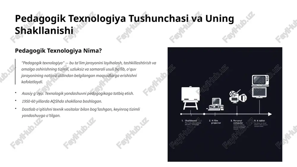 lovchi mustaqil ilmiy yo'nalishdir. u ta'limda natijaga yo'naltirilganlikni ta'minlaydi. o'quvchi shaxsiga yondashuvni kuchaytiradi. o'qituvchining ijodiy salohiyatini oshiradi. takliflar 1 uzbekistonda tatbiq etish pedagogik texnologiyalarni o'qitish jarayoniga tizimli ravishda joriy qilish uchun malaka oshirish kurslarini takomillashtirish. 2 innovatsion platformalar mahalliy sharoitlarga moslashgan zamonaviy ta'lim platformalari va kontentlarini ishlab chiqishni rag'batlantirish. 10 image1.png image2.png image3.png image4.png image5.png image6.png image7.png image8.png image9.png image10.png image11.png image12.png image13.png image14.png cmm www 7 | 1. chalkboard 2. 4 film 3. personal 4. a tablet the en education sectritats projector eilucation tactnnology toeraha ur ing aewlanen ber beefy | < bilimlarni o'zlashtirish amaliy ko'nikma motivatsiya kreativlik 40 80