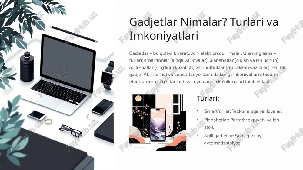 jet foydalanishini yoshga mos cheklang: 2-5 yoshda 1 soatdan oshirmang. ochiq suhbatlar o'tkazing va birgalikda qoidalar ishlab chiqing. o'yinlar va ta'lim ilovalarini rag'batlantiring, ammo tashqi faoliyatni unutilmasin. bu usul sog'lom odatlarni shakllantiradi va xavflardan himoya qiladi. yosh cheklovlari 5 yoshgacha minimal foydalanish, o'yinlarni nazorat qiling. suhbatlar xavf-xatarlar haqida ochiq gaplashing va qoidalarni birgalikda belgilang. muvozanat raqamli va tashqi faoliyatlarni teng taqsimlang. 8 kelajak gadjetlari: yangi tendentsiyalar va innovatsiyalar kelajakda gadjetlar yanada aqlli bo'ladi. ai va vr texnologiyalari ta'lim va ishni inqilob qiladi. portativ gadjetlar, masalan, aqlli ko'zoynaklar va implantlar sog'liqni kuzatishni takomillashtiradi. barqarorlik tendentsiyasi: energiya tejovchi qurilmalar. ammo bu innovatsiyalar xavfsizlik va etik masalalarni ham keltirib chiqaradi, shuning uchun oldindan tayyorlanish lozim. tendentsiyalar: ai integratsiyasi: shaxsiy yordamchilar. vr/ar: virtual haqiqat tajribalari. portativlik: kichik va ko'p funksiyali. 9 xulosa va tavsiyalar: raqamli hayotni muvozanatlash zamonaviy gadjetlar foydali, ammo xavfsiz va madaniyatli foydalanish muhim. xavfsizlik choralarini qo'llang, vaqtni boshqaring va oilaviy qoidalarni …