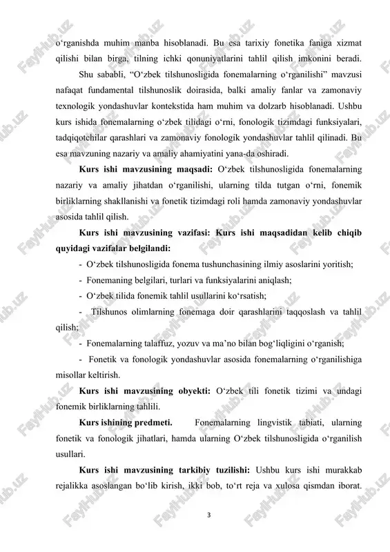 ishi, ularning tilda tutgan o‘rni, fonemik birliklarning shakllanishi va fonetik tizimdagi roli hamda zamonaviy yondashuvlar asosida tahlil qilish. kurs ishi mavzusining vazifasi: kurs ishi maqsadidan kelib chiqib quyidagi vazifalar belgilandi: - o‘zbek tilshunosligida fonema tushunchasining ilmiy asoslarini yoritish; - fonemaning belgilari, turlari va funksiyalarini aniqlash; - o‘zbek tilida fonemik tahlil usullarini ko‘rsatish; - tilshunos olimlarning fonemaga doir qarashlarini taqqoslash va tahlil qilish; - fonemalarning talaffuz, yozuv va ma’no bilan bog‘liqligini o‘rganish; - fonetik va fonologik yondashuvlar asosida fonemalarning o‘rganilishiga misollar keltirish. kurs ishi mavzusining obyekti: o‘zbek tili fonetik tizimi va undagi fonemik birliklarning tahlili. kurs ishining predmeti. fonemalarning lingvistik tabiati, ularning fonetik va fonologik jihatlari, hamda ularning o‘zbek tilshunosligida o‘rganilish usullari. kurs ishi mavzusining tarkibiy tuzilishi: ushbu kurs ishi murakkab rejalikka asoslangan bo‘lib kirish, ikki bob, to‘rt reja va xulosa qismdan iborat. kurs ishining umumiy tavsifi asosiy qismda yoritib berilgan. ishning so‘ngida xulosalar bayon qilinib, adabiyotlar ro‘yxati ilova qilingan. ii …
