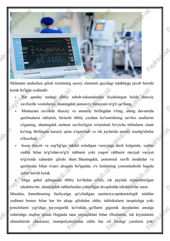 va umumiy brifingdan o'ting, uning davomida qurilmalarni ishlatish, birinchi tibbiy yordam ko'rsatishning xavfsiz usullarini o'rganing, shuningdek mehnat xavfsizligini ta'minlash bo'yicha bilimlarni sinab ko'ring. brifingda nazariy qism o'rganiladi va ish joylarida amaliy mashg'ulotlar o'tkaziladi. · inson hayoti va sog'lig'iga tahdid soladigan vaziyatga duch kelganda, xodim zudlik bilan to'g'ridan-to'g'ri rahbarni yoki yuqori rahbarni mavjud vaziyat to'g'risida xabardor qilishi shart. shuningdek, potentsial xavfli moddalar va qurilmalar bilan o'zaro aloqada bo'lganda, o'z holatining yomonlashishi haqida xabar berish kerak. · ishga qabul qilinganda tibbiy ko'rikdan o'tish, ish paytida rejalashtirilgan tekshiruvlar, shuningdek rahbarlardan yuborilgan favqulodda tekshiruvlar zarur. masalan, hamshiraning faoliyatiga qo'yiladigan sanitariya-epidemiologik talablar xodimni bemor bilan har bir aloqa qilishdan oldin, tabletkalarni tarqatishga yoki tomchilarni yig'ishga tayyorgarlik ko'rishda qo'llarni gigienik davolashni amalga oshirishga majbur qiladi. hujjatda tana suyuqliklari bilan ifloslanish, ish kiyimlarini almashtirish chastotasi, manipulyatsiyadan oldin har xil turdagi yaralarni yoki buzilmagan terini davolash bo'yicha harakatlar ko'rsatilgan. hujjatda to'plangan ma'lumotlar tufayli xodim oldindan belgilangan algoritmga muvofiq …
