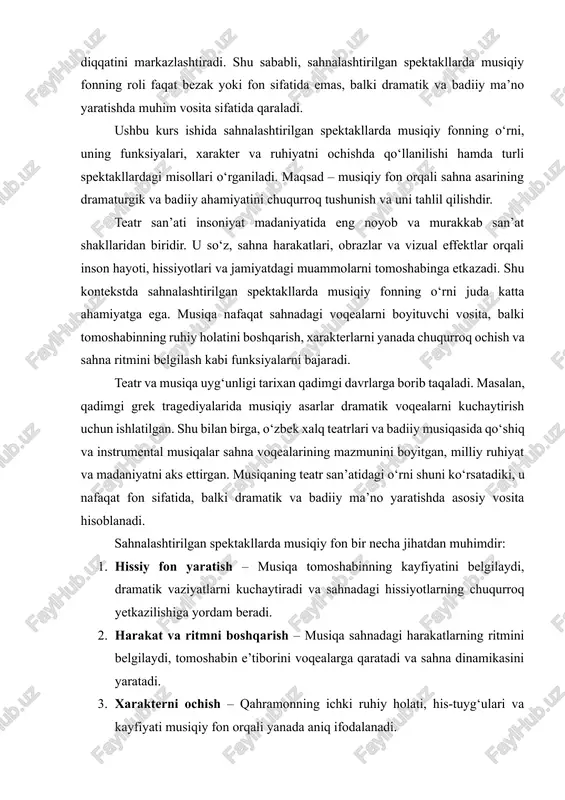 asosiy vosita hisoblanadi. sahnalashtirilgan spektakllarda musiqiy fon bir necha jihatdan muhimdir: 1. hissiy fon yaratish – musiqa tomoshabinning kayfiyatini belgilaydi, dramatik vaziyatlarni kuchaytiradi va sahnadagi hissiyotlarning chuqurroq yetkazilishiga yordam beradi. 2. harakat va ritmni boshqarish – musiqa sahnadagi harakatlarning ritmini belgilaydi, tomoshabin e’tiborini voqealarga qaratadi va sahna dinamikasini yaratadi. 3. xarakterni ochish – qahramonning ichki ruhiy holati, his-tuyg‘ulari va kayfiyati musiqiy fon orqali yanada aniq ifodalanadi. 4. dramatik effekt yaratish – musiqa voqealarning kulminatsiya nuqtalarida dramatik effektni oshiradi, tomoshabinning his-tuyg‘ularini boshqaradi. shuningdek, bugungi kunda sahnalashtirilgan spektakllarda musiqiy fonning roli texnologik rivojlanish bilan yanada kengaymoqda. elektron musiqiy asboblar, sound-dizayn va musiqa effektlari sahnadagi dramatik voqealarni yanada jonli va realistik qilishga imkon beradi. shu bilan birga, musiqiy fonning turli janrlarda ishlatilishi – dramatik, komedik, tarixiy yoki eksperimental spektakllarda o‘ziga xos xususiyatlarga ega bo‘lib, har bir asar ruhiyatini oshiradi. ushbu kurs ishida sahnalashtirilgan spektakllarda musiqiy fonning o‘rni, uning funksiyalari, xarakter va ruhiyatni ifodalashdagi …