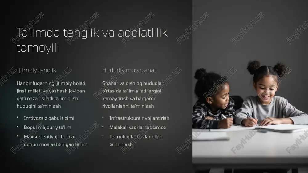 i rivojlantiramiz. 9 kelajak istiqbollari va takomillashtirish yo'llari 1 2030 yilgacha to'liq raqamli ta'lim tizimi 2 2027 yilgacha barcha maktablarni modernizatsiyalash 3 2025 yilgacha o'qituvchilar malakasini oshirish dasturini yakunlash "ta'lim - kelajakning kalitidir. bugungi sarmoyamiz ertangi rivojlanishimizning poydevolidir." davlat siyosatining asosiy tamoyillari asosida ta'lim tizimini yanada takomillashtirish va jahon standartlariga moslash yo'lida izchil ishlash davom etadi. 10 image6.png image7.png image8.png image9.png image10.png image11.png image12.png image13.png image14.png image15.png image16.png image17.png image18.png image19.png image27.png image20.png image21.png image22.png image23.png image24.png image25.png image26.png image28.png image29.png image30.png image31.png image2.png image3.png image4.png image5.png be8) > as > as > as