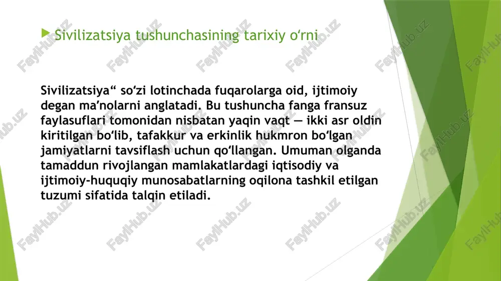 —61). u bir-birining oʻrniga keluvchi mahalliy sivilizatsiyalar “charxpalagi” haqidagi nazariyani ilgari surdi: mazkur sivilizatsiyalarning har biri vujudga kelish, oʻsish, tanazzulga ketish va yemirilish bosqichlarini oʻtaydi; ular rivojlanishining harakatlantiruvchi kuchi oʻz ortidan “loqayd koʻpchilik”ni ergashtiruvchi “ijodiy elita”dir; insoniyat taraqqiyoti maʼnaviy barkamollikda, oddiy animistik eʼtikrdlardan universal dinlar orkali kelajakning yagona dini sari boʻladigan evolyutsiyadadir. t. jamiyatdagi ziddiyat va nizolarga maʼnaviy yangilanish barham beradi, deb hisobladi. markaziy osiyo sivilizatsiyasining tarixiy bosqichlari markaziy osiyo mintaqasi qadimdan dehqonchilik uchun qulay bo‘lib, eng qadimgi davrlardan bu yer iqlimi yovvoyi boshoqli ekinlar o‘sishi uchun qulay joy bo‘lgan. ayniqsa, uning janubi-g‘arbi kopetdog‘ atroflari bahorgi yog‘ingarchilik natijasida katta-kichik soylarning quyi qismida boy, serunum, loyqa tuproqli jilg‘alar hosil qilgan. natijada eng qadimgi davrlarda miloddan avv. vi-iv asrlardayoq bu hududda ilk dehqonchilik manzilgohlari yuzaga kelgan. 1952 yil arxeologlar ashxoboddan 40 km uzoqlikda chaqmoqli deb nomlangan joydan dastlabki dehqonchilik manzilgohini topadi. neolit davriga oid bu joyning chaqmoqli deb atalishiga sabab, cho‘ponlar bu …