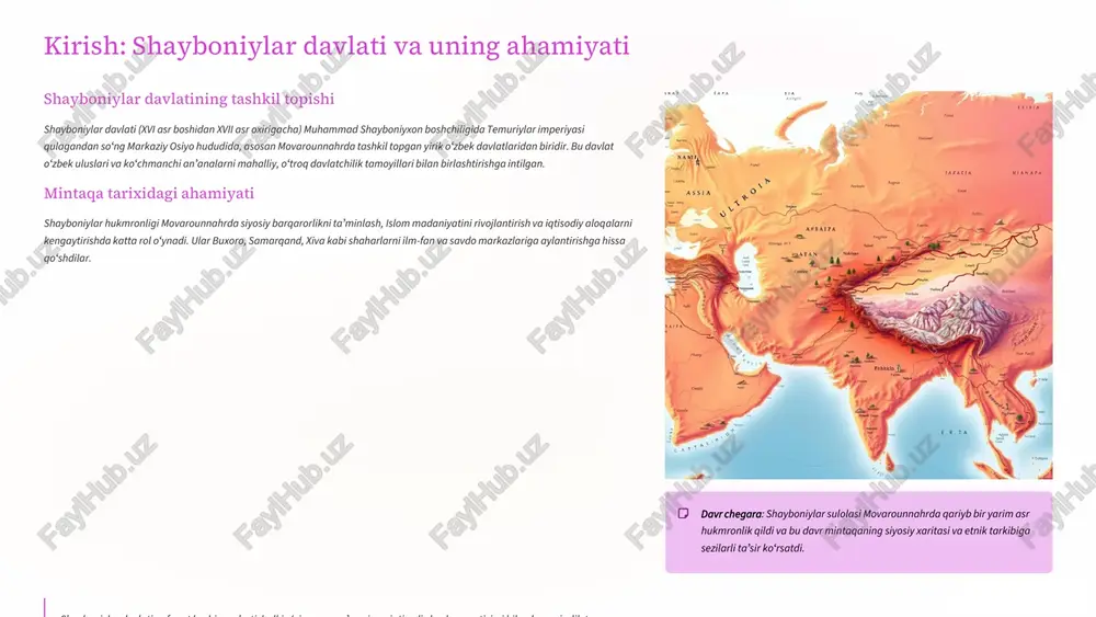 on oilasining aʼzolariga, yaʼni sultonlarga topshirilgan. ular oʻz viloyatlarida xonning vakili boʻlib, maʼmuriy, harbiy va qisman soliq yigʻish vakolatlariga ega edilar. bu esa ularga katta kuch berardi, lekin ayni paytda markaziy hokimiyatga qaram boʻlishlari shart edi. qoʻshinbegi va beylar shaharlarda va kichikroq hududlarda bevosita xon tomonidan tayinlangan qoʻshinbegi yoki beylar boshqaruvni amalga oshirgan. ular xon oldida bevosita masʼuliyatli boʻlib, tartibni saqlash, soliq yigʻish va sudda ishtirok etish kabi vazifalarni bajargan. qishloq va jamoa boshqaruvi qishloq joylarida anʼanaviy jamoa boshqaruvi, yaʼni oqsoqollar (qishloq oqsoqollari) va mahalliy ruhoniylar (qozilar)ning taʼsiri saqlanib qolgan. ular qishloq ichidagi tortishuvlarni hal qilish va davlat soliqlarining adolatli taqsimlanishini taʼminlashga yordam bergan. mahalliy boshqaruvdagi bu xilma-xillik shayboniylarga oʻzbek qabilalarining anʼanaviy tuzilmalari va oʻtroq dehqonchilik madaniyati ehtiyojlarini birgalikda boshqarish imkonini berdi. harbiy tashkilot va qo'shinning tuzilishi shayboniylar davlatining qudrati uning kuchli harbiy tashkilotiga asoslangan edi. harbiy tizim, asosan, oʻzbek koʻchmanchi qabilalarining harbiy anʼanalari va movarounnahrning oʻtroq lashkar tuzilmasining sintezi …