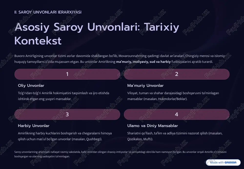 ilar) edi. ular orasida eng yuqori mavqega ega bo8lganlar: 1 qushbegi (bosh vazir) buxoroning oliy vaziri, amirning shaxsiy vakili. u barcha ma¾muriy va harbiy ishlarga bevosita boshchilik qilgan. qushbegi ko8pincha amirdan keyingi eng qudratli shaxs hisoblangan. asosiy ijro etuvchi hokimiyat. viloyat hukmdorlari (beklar) ustidan nazorat. 2 devonbegi (moliya vaziri) davlat xazinasi, soliq yig8ish va umumiy moliya siyosati uchun mas¾ul shaxs. u davlatning iqtisodiy barqarorligini ta¾minlashda muhim rol o8ynagan. davlat daromadlari va xarajatlarini nazorat qilish. yerga oid nizolarni hal qilishda ishtirok etish. 3 qozikalon (oliy qozii) diniy qonunlar (shariat) asosidagi sud tizimining rahbari. u faqat diniy mansabdor bo8libgina qolmay, balki amirga ta¾lim va axloqiy maslahatchi ham bo8lgan. shariat sudlarini boshqarish. va¾z va diniy ta¾limga mas¾ullik. https://gamma.app/?utm_source=made-with-gamma iv. saroyning turmu sharafotlari boshqa muhim saroy amaldorlari saroy unvonlari faqat yuqori ma¾muriy lavozimlar bilan cheklanib qolmay, balki amirlikning kundalik ishlari va xavfsizligini ta¾minlovchi bir qator yordamchi, ammo muhim mansablarni ham o8z ichiga olgan. to8pchiboshi …
