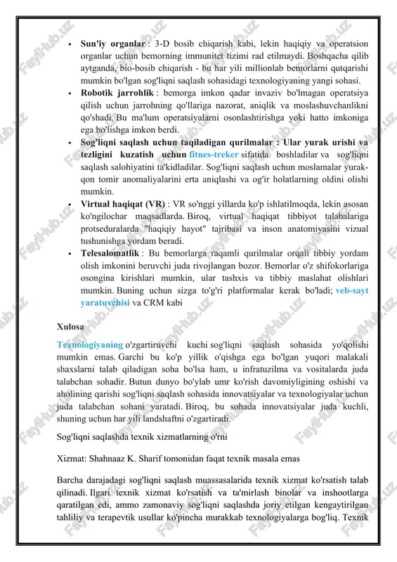 s. garchi bu ko'p yillik o'qishga ega bo'lgan yuqori malakali shaxslarni talab qiladigan soha bo'lsa ham, u infratuzilma va vositalarda juda talabchan sohadir. butun dunyo bo'ylab umr ko'rish davomiyligining oshishi va aholining qarishi sog'liqni saqlash sohasida innovatsiyalar va texnologiyalar uchun juda talabchan sohani yaratadi. biroq, bu sohada innovatsiyalar juda kuchli, shuning uchun har yili landshaftni o'zgartiradi. sog'liqni saqlashda texnik xizmatlarning o'rni xizmat: shahnaaz k. sharif tomonidan faqat texnik masala emas barcha darajadagi sog'liqni saqlash muassasalarida texnik xizmat ko'rsatish talab qilinadi. ilgari texnik xizmat ko'rsatish va ta'mirlash binolar va inshootlarga qaratilgan edi, ammo zamonaviy sog'liqni saqlashda joriy etilgan kengaytirilgan tahliliy va terapevtik usullar ko'pincha murakkab texnologiyalarga bog'liq. texnik xizmat ko'rsatish va ta'mirlash xizmatlari modernizatsiya qilinishi va zamonaviy sog'liqni saqlashning ajralmas qismiga aylanishi kerak edi. bu ko'pchilik rivojlangan mamlakatlarga taalluqli bo'lgani uchun, keniya kabi uchinchi dunyo mamlakatlari nafaqat sog'liqni saqlashda, balki sanoatning boshqa muhim tarmoqlarida ham texnik xizmat ko'rsatish muhimligini tan olish …