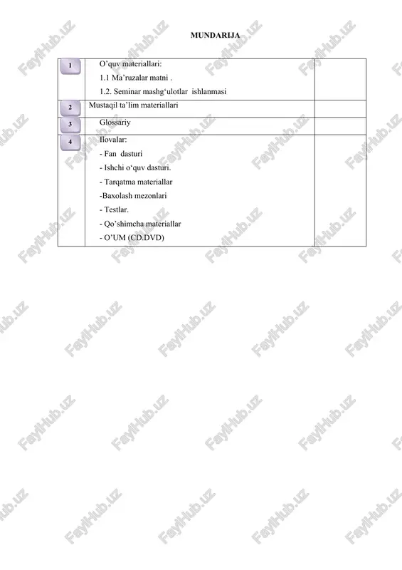 ri “umumiy psixologiya” fanidan t/r fanning bo‘limi va mavzusi, ma’ruza mazmuni beti 1 umumiy psixologiya fanining predmeti va tarixi. psixologiyaning tadqiqot metodlari va tarmoqlari. xulq-atvorning psixofiziologik asosi. 2 2 diqqat. sezgi, sezuvchanlik. idrok. xayol 2 3 xotira. tafakkur. muloqot 2 4 faoliyat va motivatsiya. shaxs 2 5 emotsional holatlar. iroda haqida tushuncha 2 6 individual psihologik hususiyatlar. temperament. xarakter va qobiliyat 2 7 yosh davrlari psixologiyasi fanining predmeti va vazifalari. 2 8 psixik rivojlanish va uni davrlashtirish muammosi .shaxs shakallanishi va psixik rivojlanish psixoijtimoiy nazariyasi 2 9 ontogenezning (go’daklikning) ilk bosqichlarida insonning psixik rivojlanishiga xos xususiyatlari. ilk bolalik davrida (1-3 yosh) psixik rivojlanish xususiyatlari. 2 10 maktabgacha yosh davrida psixik rivojlanish xususiyatlari. kichik maktab yoshi davrida psixik rivojlanish xususiyatlari. 2 11 o’smirlik davrida psixik rivojlanish xususiyatlari. yoshlarni oilaviy xayotga psixologik tayyorgarlik 2 12 yetulik davrning psixologik xususiyatlari. ilk yetuklik davri. ularning hayotiy faoliyatidagi afzalliklari. gerantopsixologiya. 2 jami 24 1.1.ma’ruza matn …