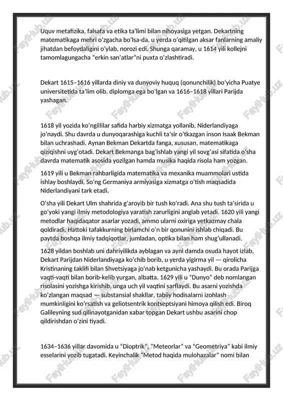 selarini yozib tamomlaydi. keyinchalik “metod haqida mulohazalar” nomi bilan mashhur bo‘lgan asari avval-boshda mazkur esselarga so‘zboshi sifatida yozilib, 1637 yil parijda nashr qilinadi. dekartning yana bir muhim asari “birinchi falsafa haqida mulohazalar” 1641 yili lotin tilida chop qilinadi. uning bohemiya malikasi elizabeta bilan olib borgan yozishmalari ham e’tiborga molik. “metod haqida mulohazalar”ni o‘qigan, o‘zining benihoya zehni va mulohazakorligi bilan tanilgan bu malika­ga bag‘ishlab, dekart “falsafa tamoyillari” nomli tadqiqotini ham yozgan. malika bilan bo‘lgan suhbatlar hosilasi shu bo‘ldiki, dekart o‘zining yana bir “ehtiroslar haqida” nomli asarini yozib, shvetsiyaga jo‘namasidan sal oldin nashr qildiradi. dekart 1646 yilning oxirlarida shvetsiya malikasi kristina bilan ham maktublar yozishib turgan. bu yozishmalar ham asosan axloqiy masalalar borasida bo‘lgan. yozma bahsu munozara 1649 yil fevral oyida dekartning stokholmdagi saroyga taklif qilinishi bilan yakun topdi. u o‘sha yilning sentyabrida shvetsiyaga yetib boradi. biroq birinchi kundanoq dekartni mushkul vazifa kutib turardi. u qirolicha bilan uchrashib, falsafadan bahs yuritish uchun …